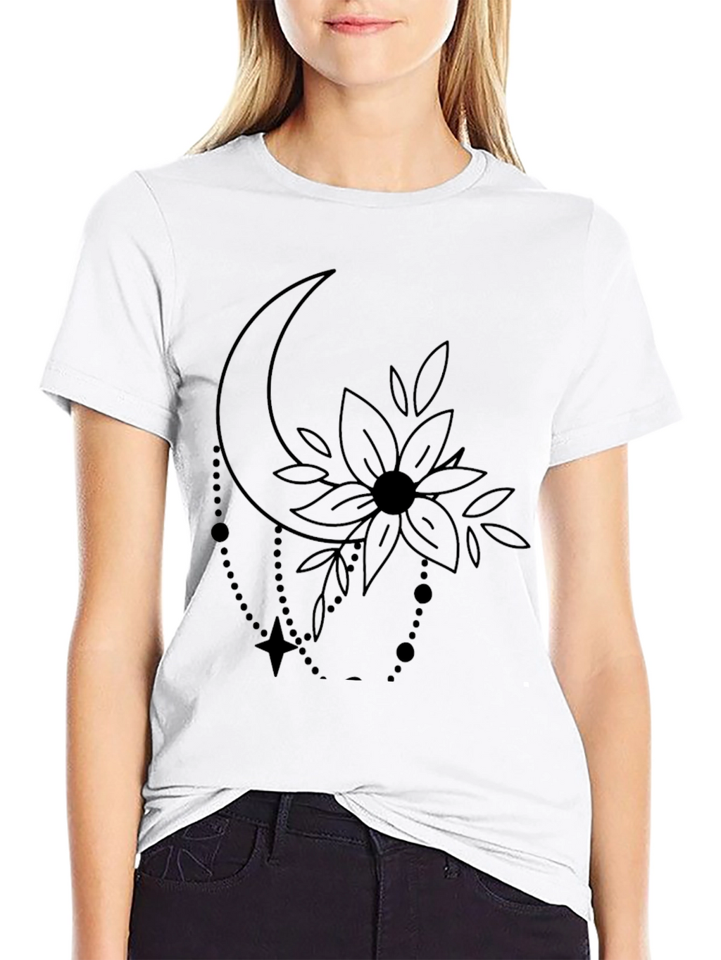Moon Flower Graphic Print Black T-Shirt