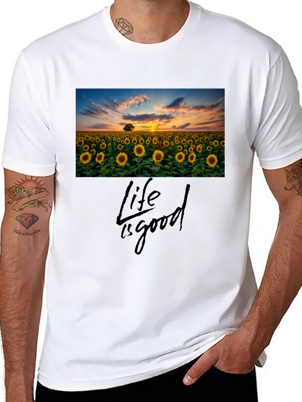 Sunflower Field Life is Good Black T-Shirt