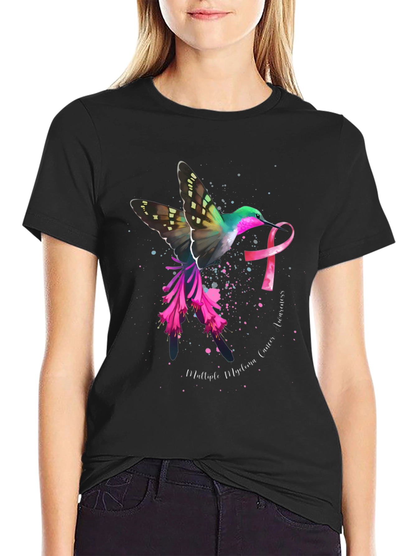 Hummingbird Cancer Awareness Black T-Shirt