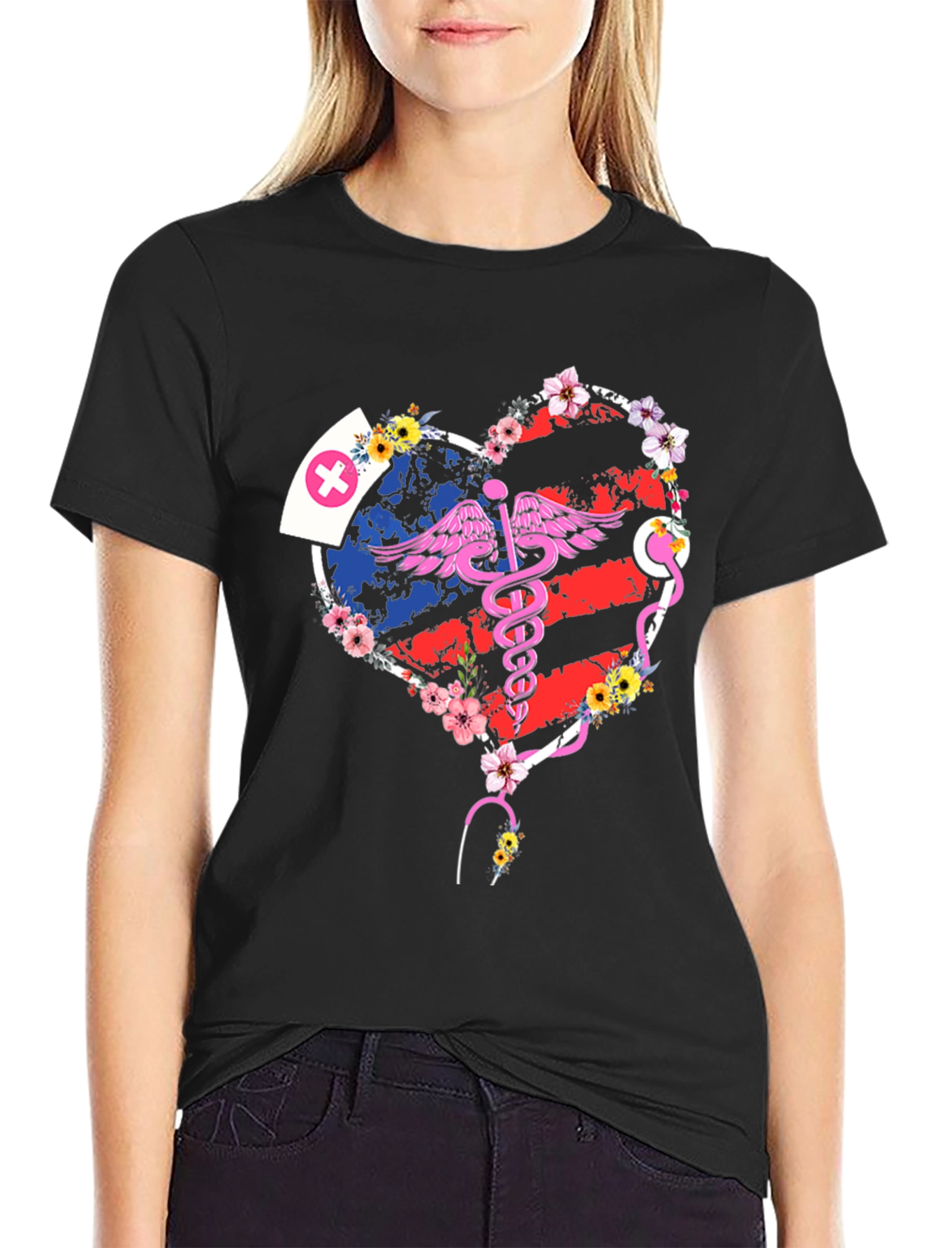 Nurse American Flag Heart T-Shirt