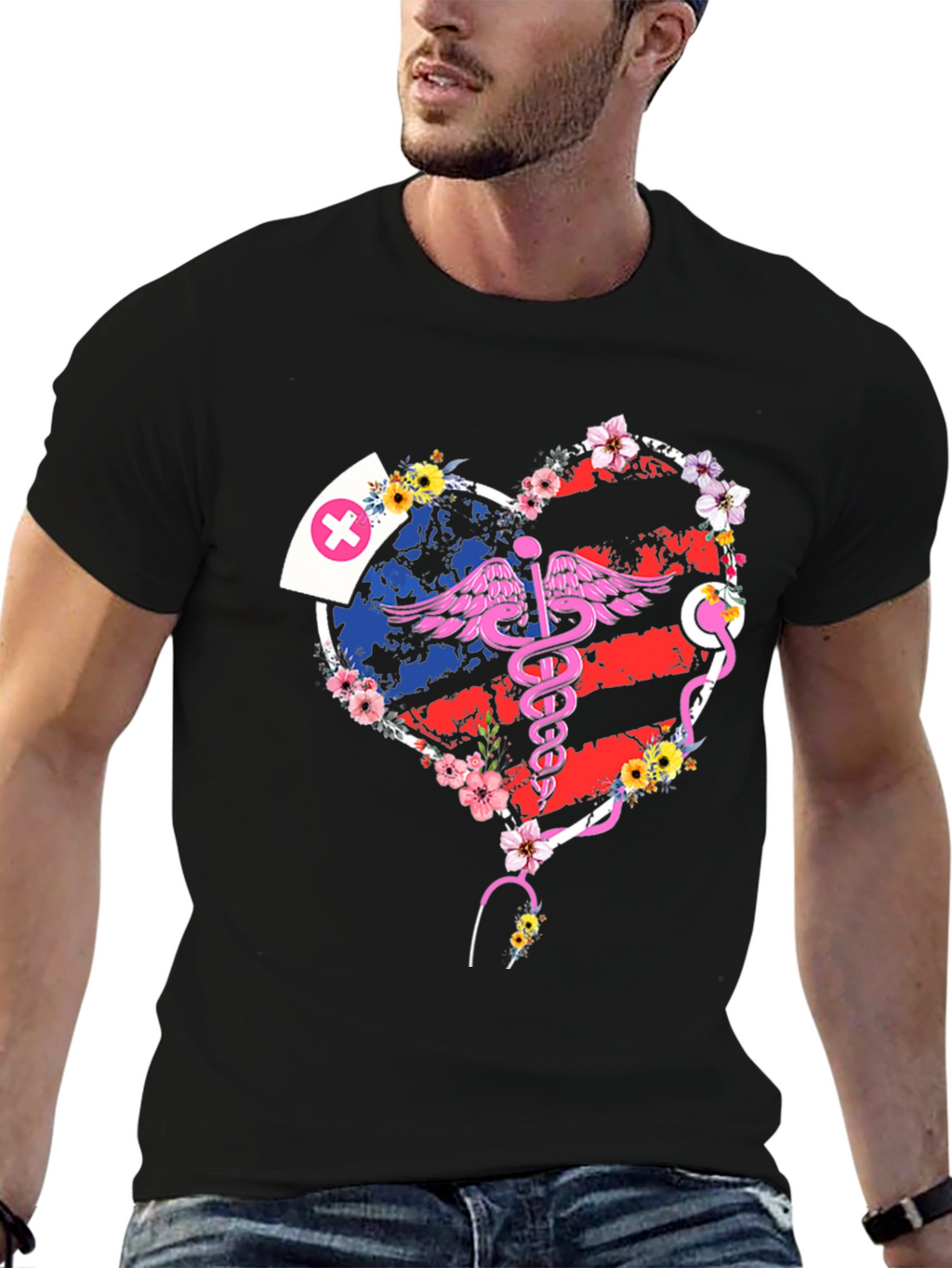 Nurse American Flag Heart T-Shirt