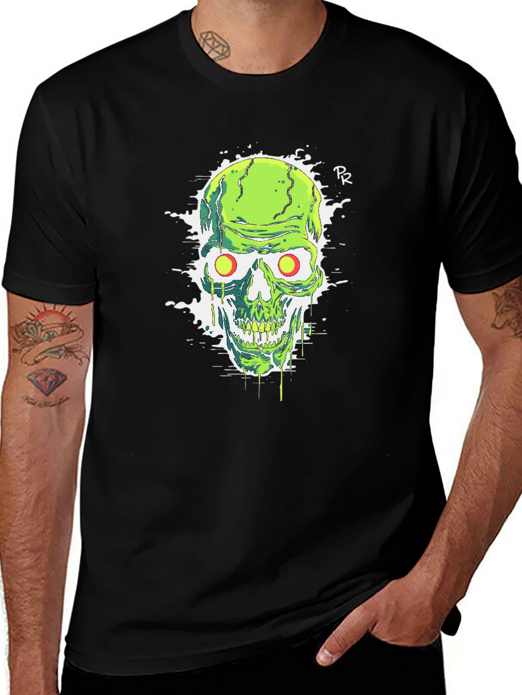 Green Skull Graphic Tee - Mens Black T-Shirt
