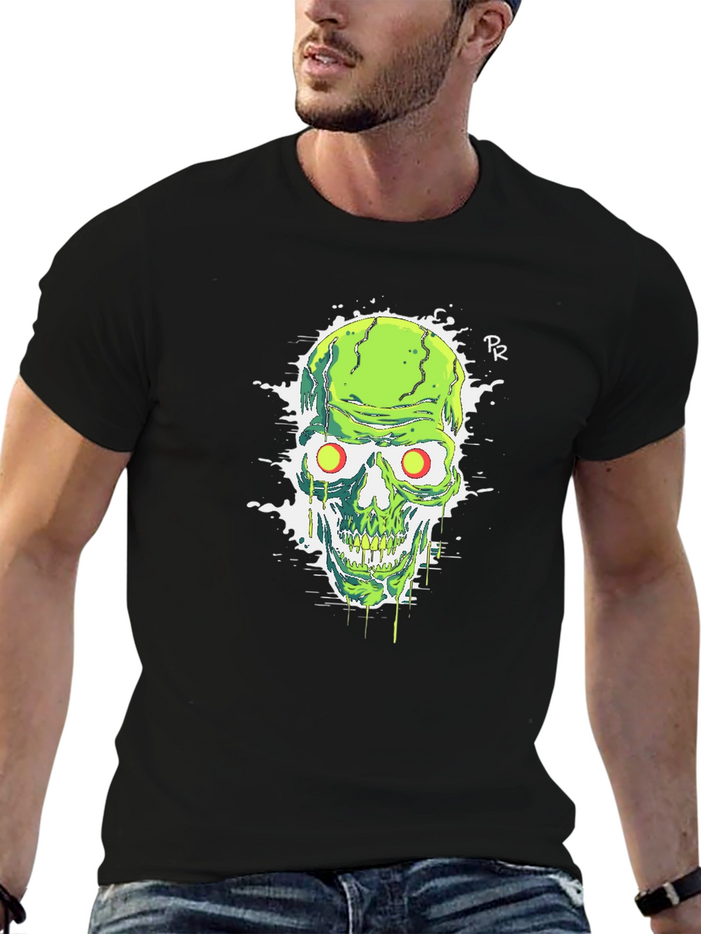 Green Skull Graphic Tee - Mens Black T-Shirt