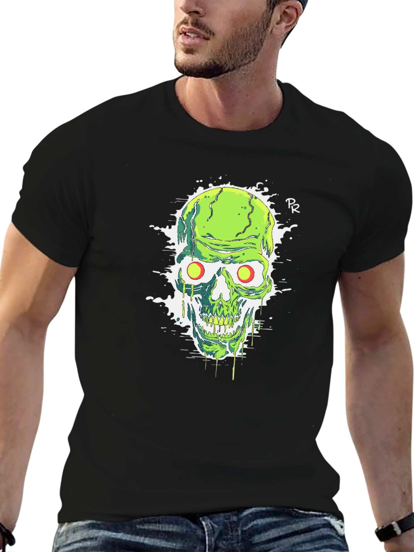 Green Skull Graphic Tee - Mens Black T-Shirt