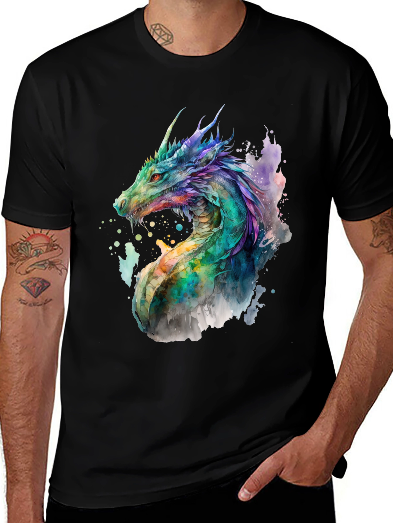 Watercolor Dragon Graphic Tee - Black