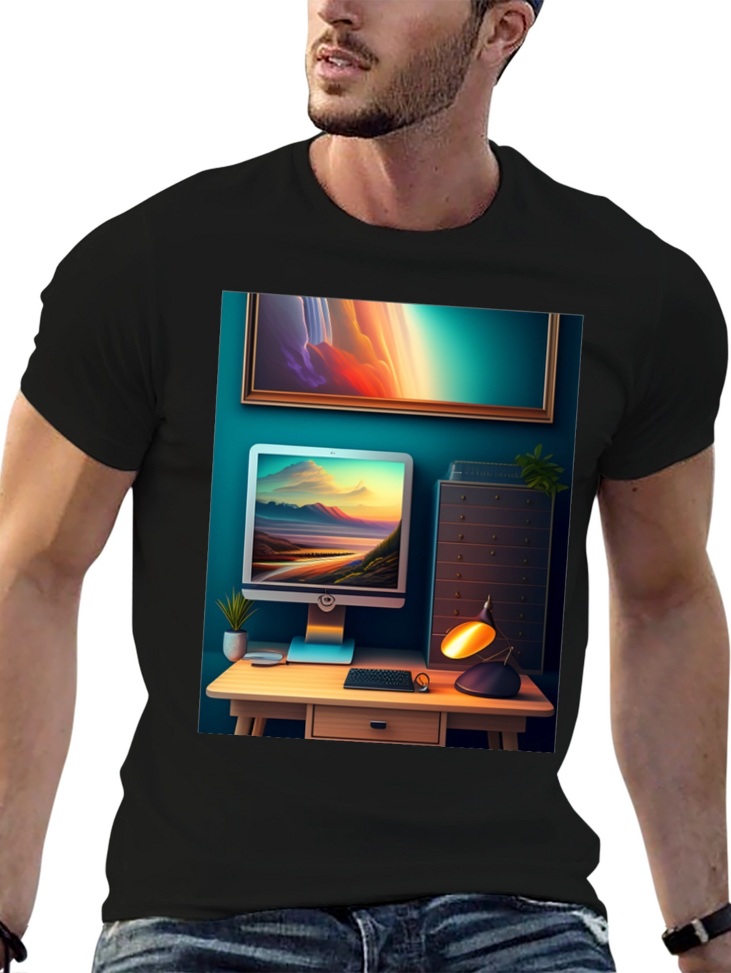 Artistic Office Scene Black T-Shirt