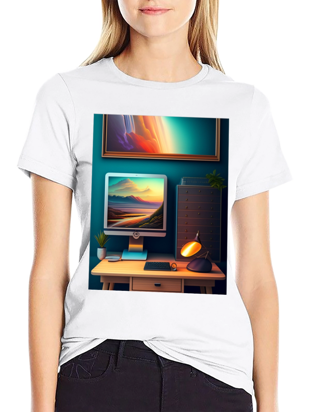 Artistic Office Scene Black T-Shirt