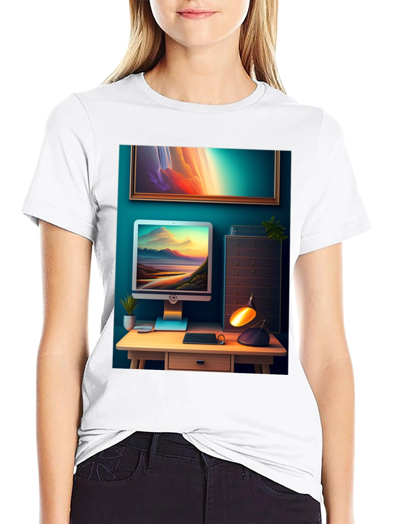 Artistic Office Scene Black T-Shirt