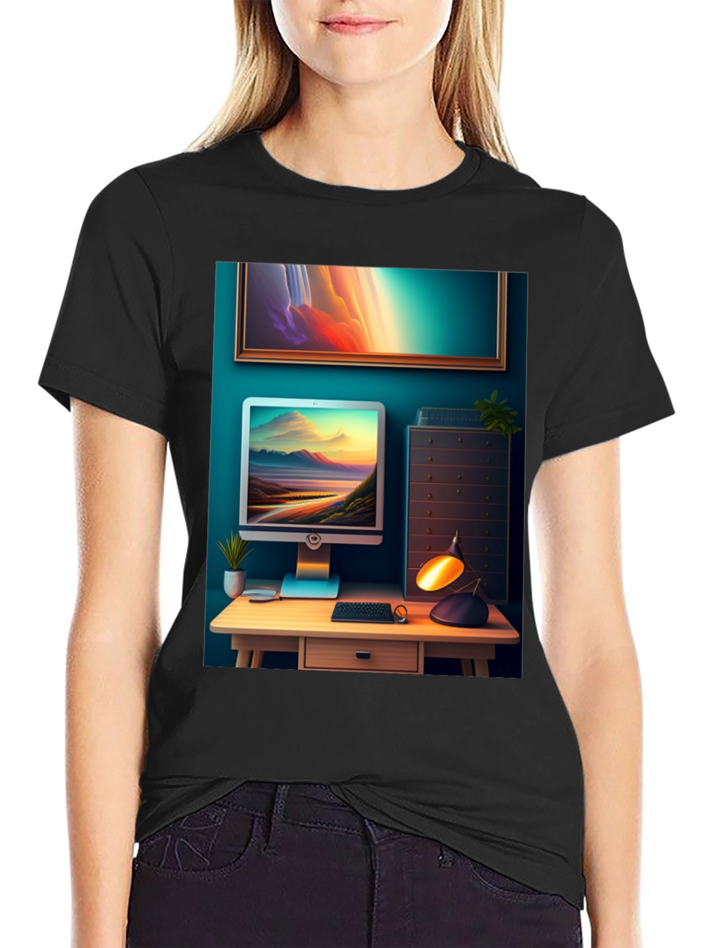 Artistic Office Scene Black T-Shirt