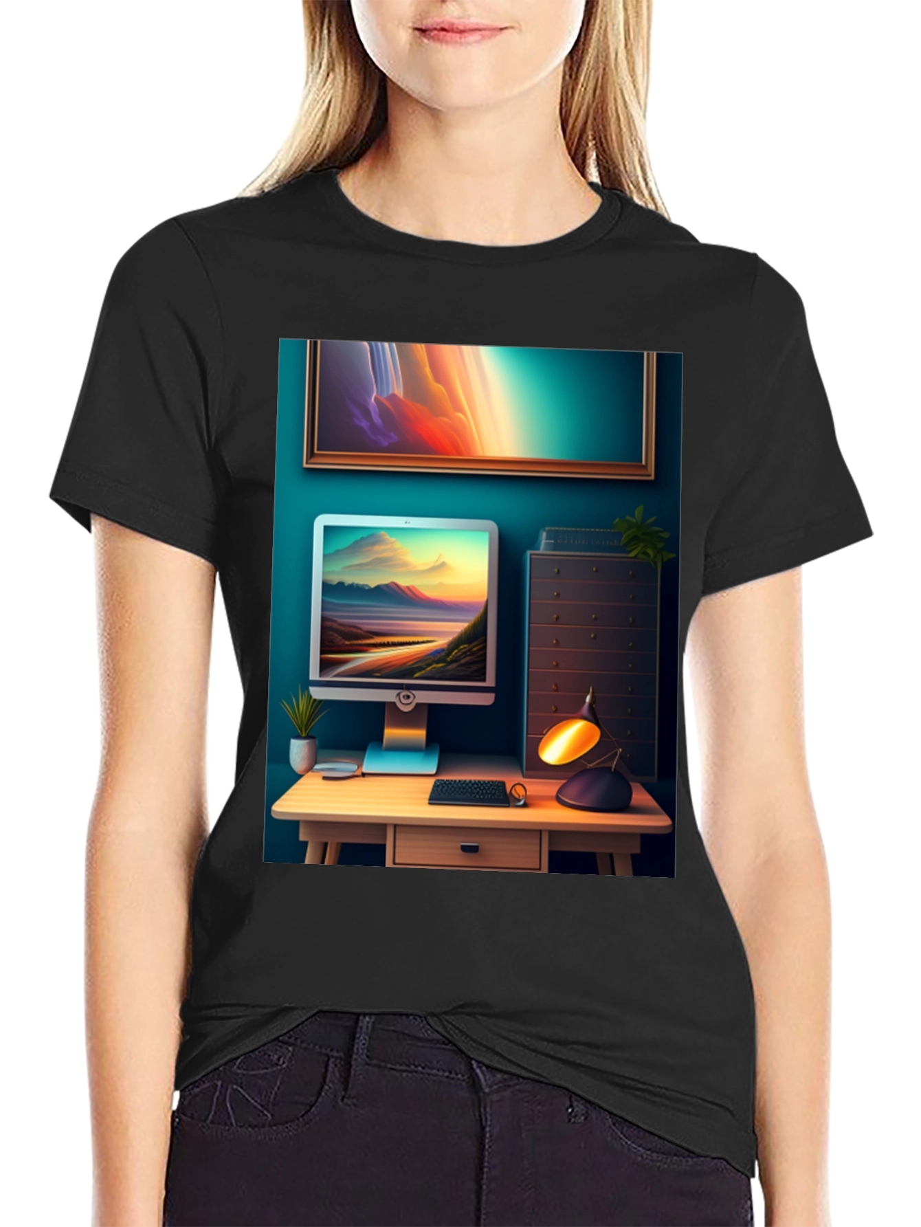 Artistic Office Scene Black T-Shirt