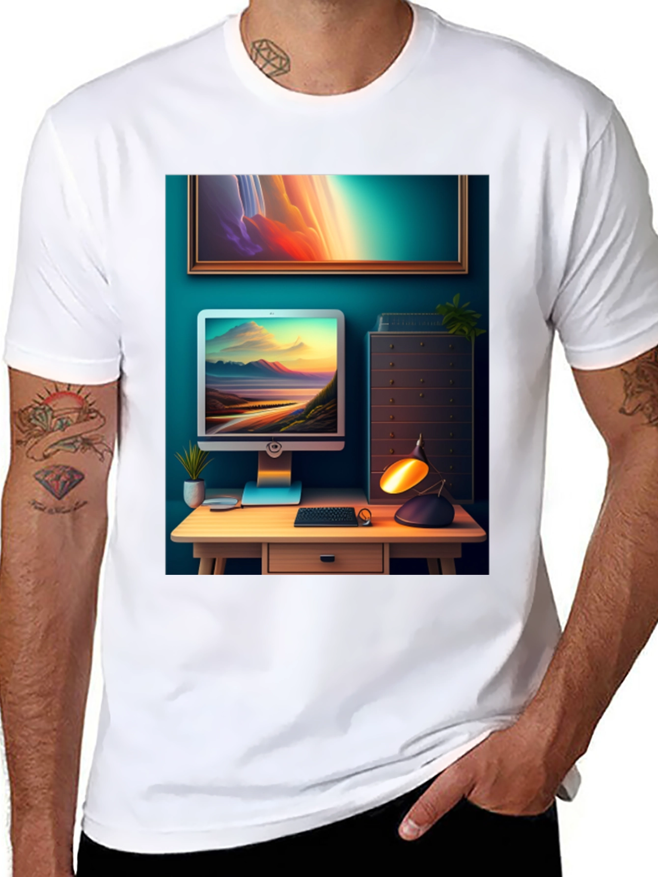 Artistic Office Scene Black T-Shirt