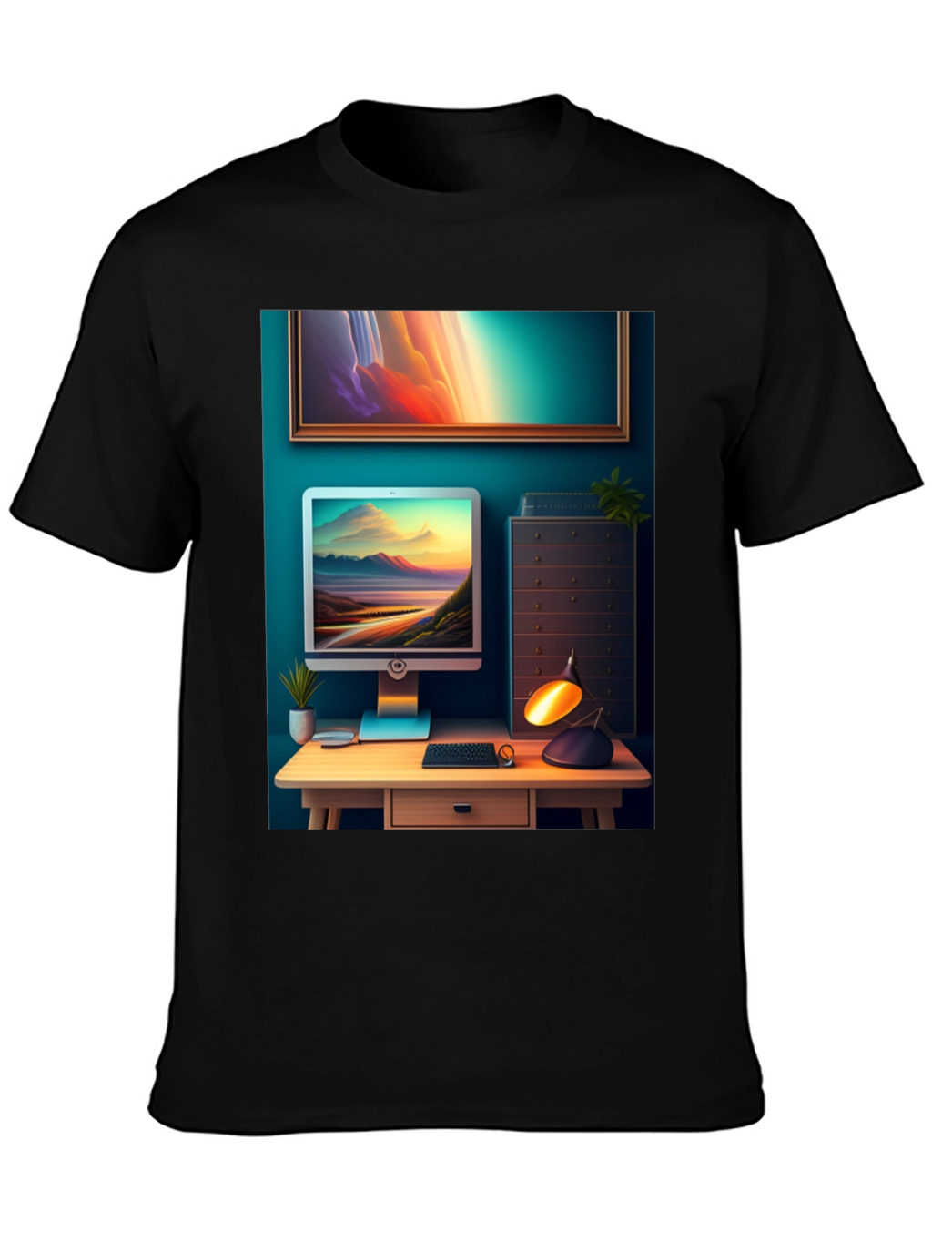 Artistic Office Scene Black T-Shirt