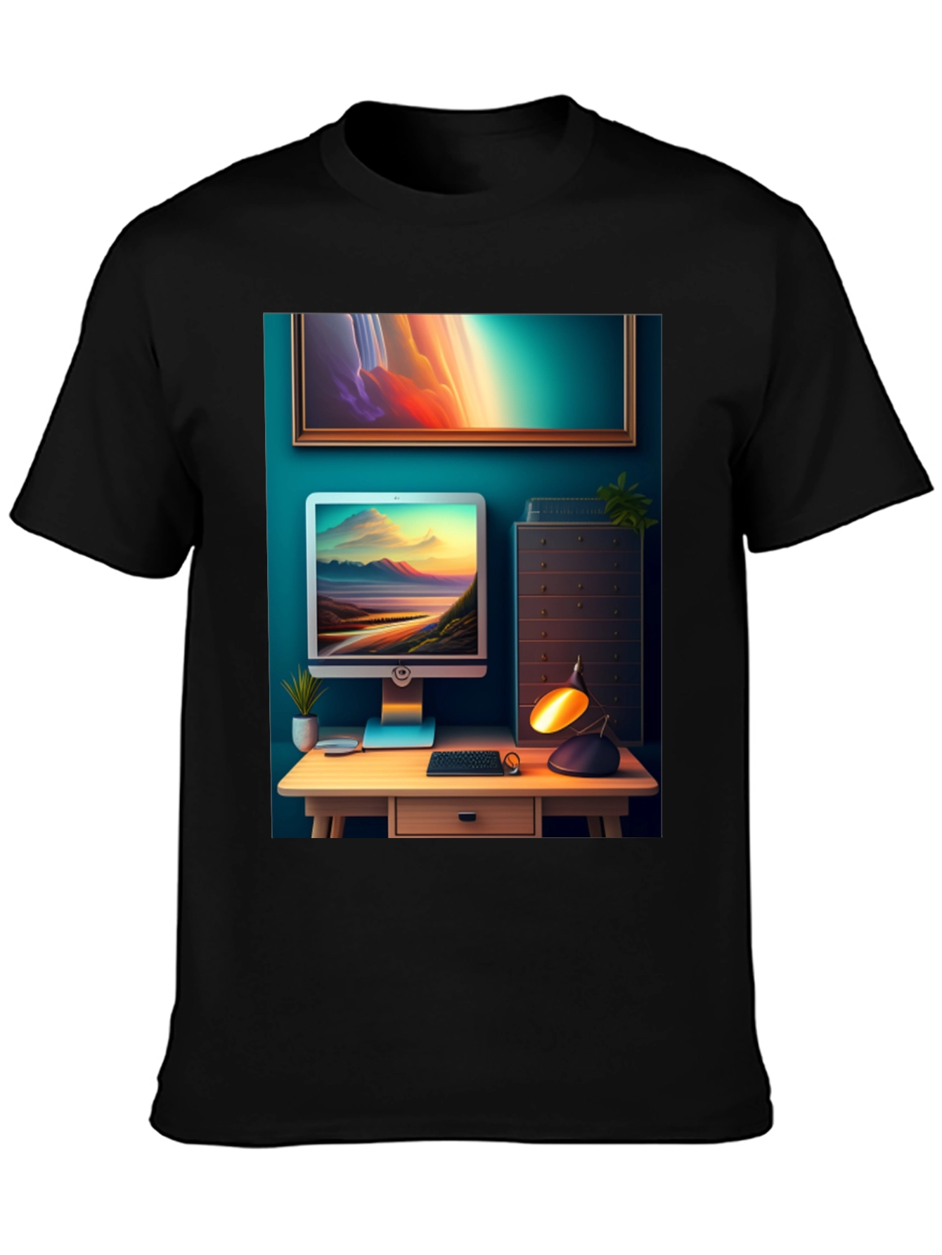 Artistic Office Scene Black T-Shirt