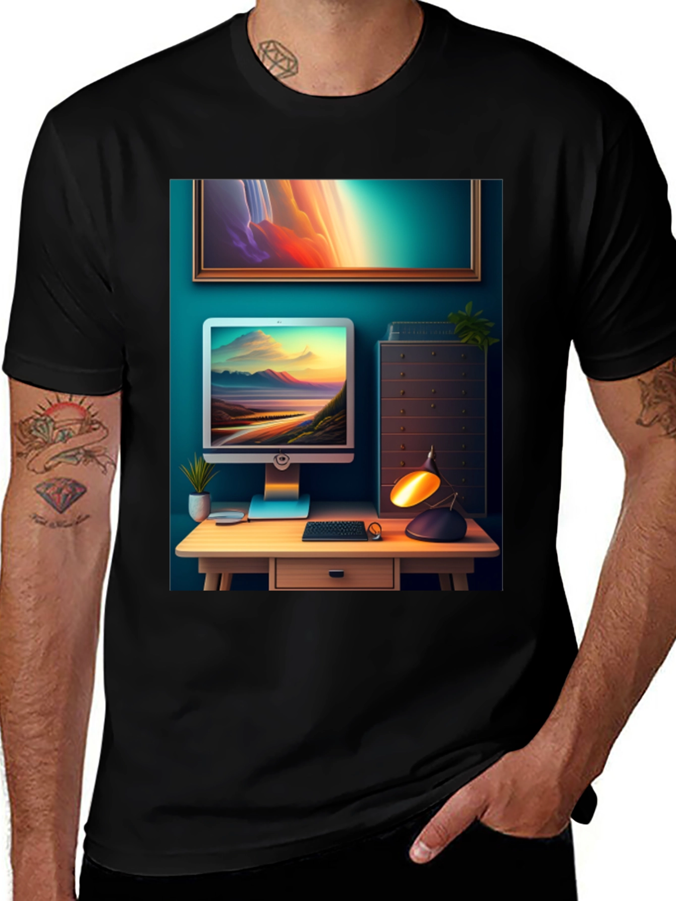 Artistic Office Scene Black T-Shirt