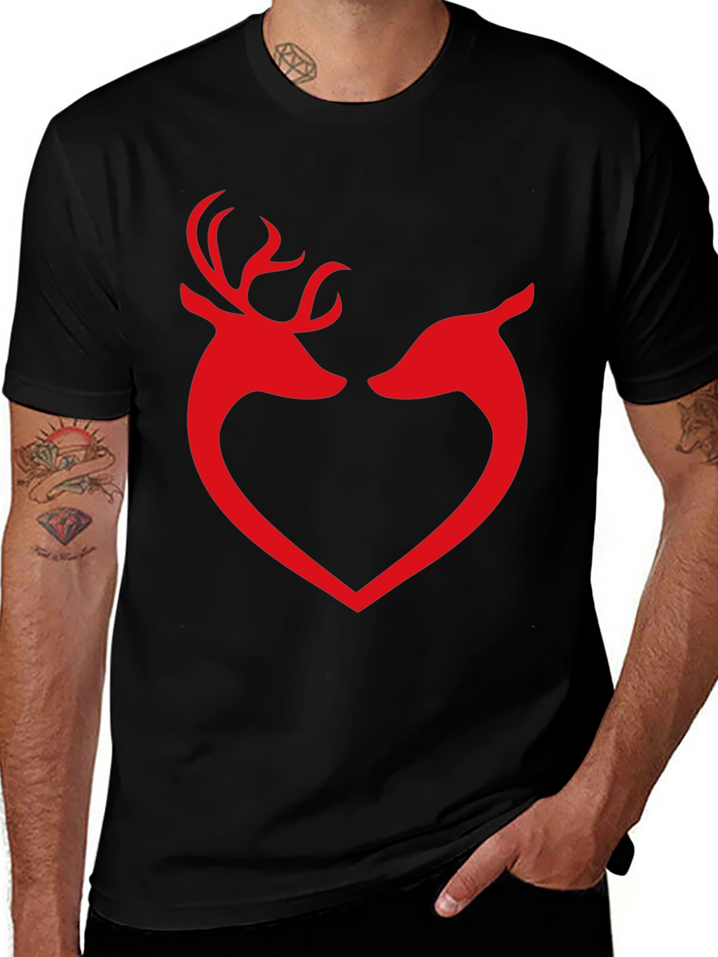 Deer Love Heart Graphic Tee - Black Cotton T-Shirt