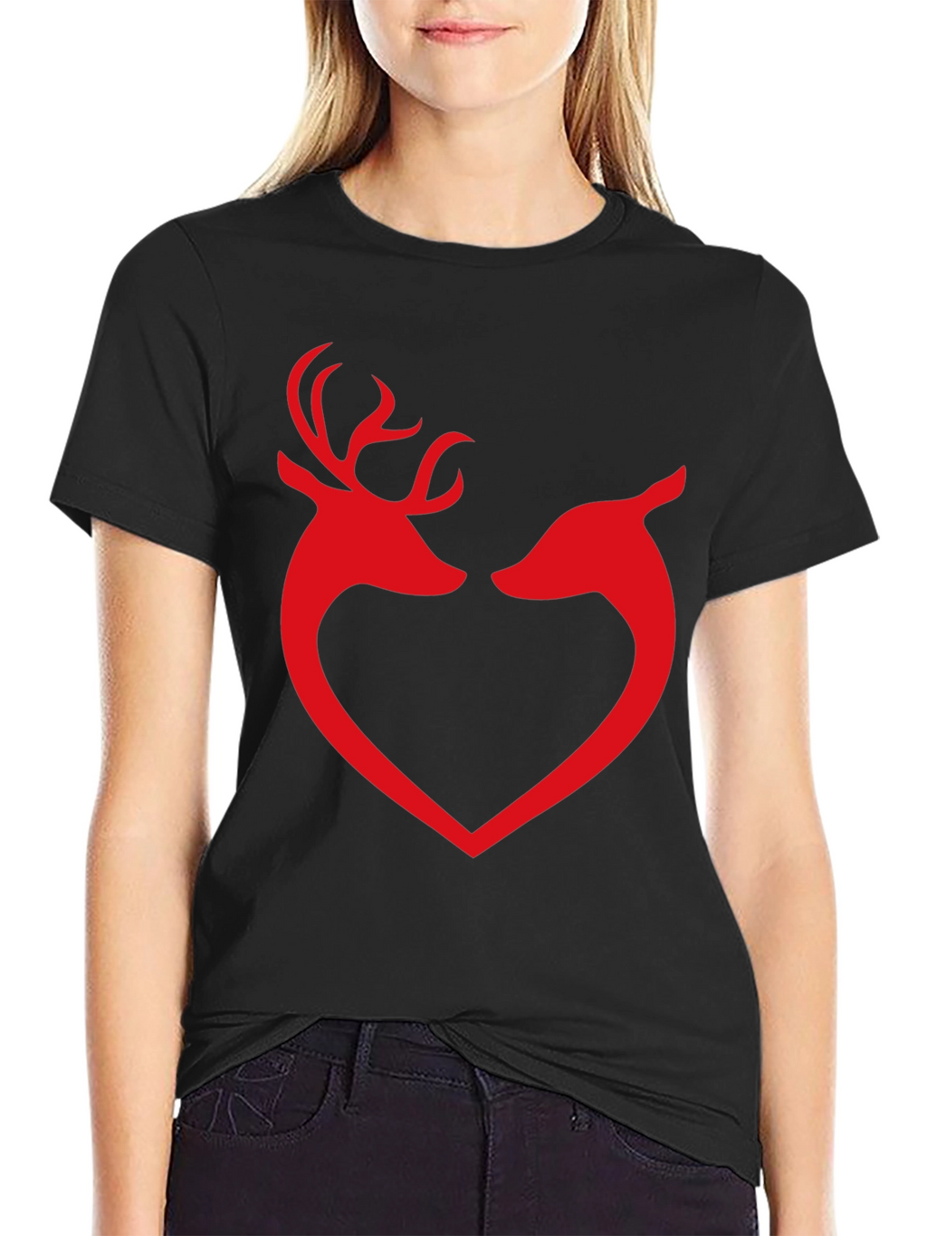 Deer Love Heart Graphic Tee - Black Cotton T-Shirt