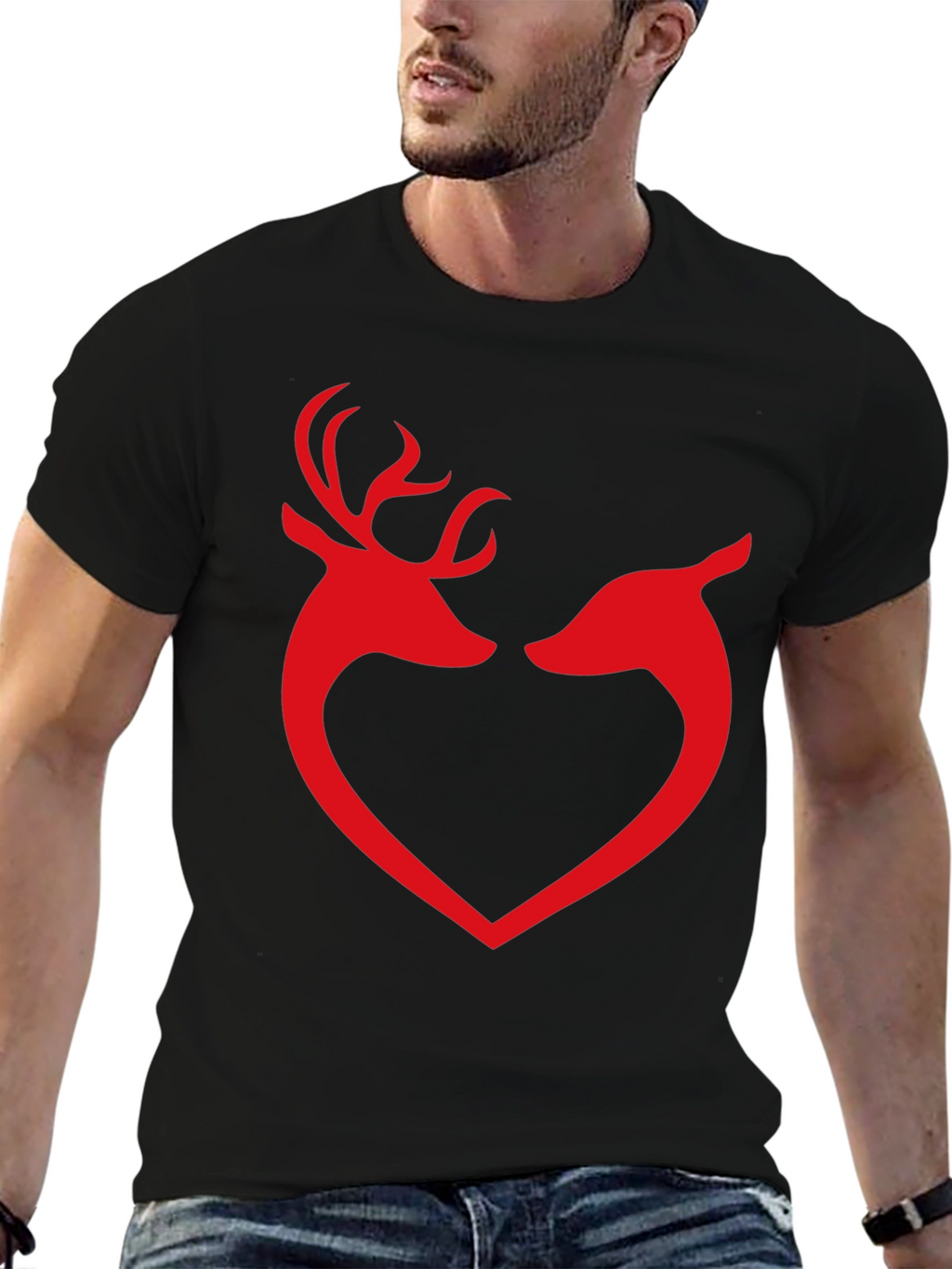 Deer Love Heart Graphic Tee - Black Cotton T-Shirt