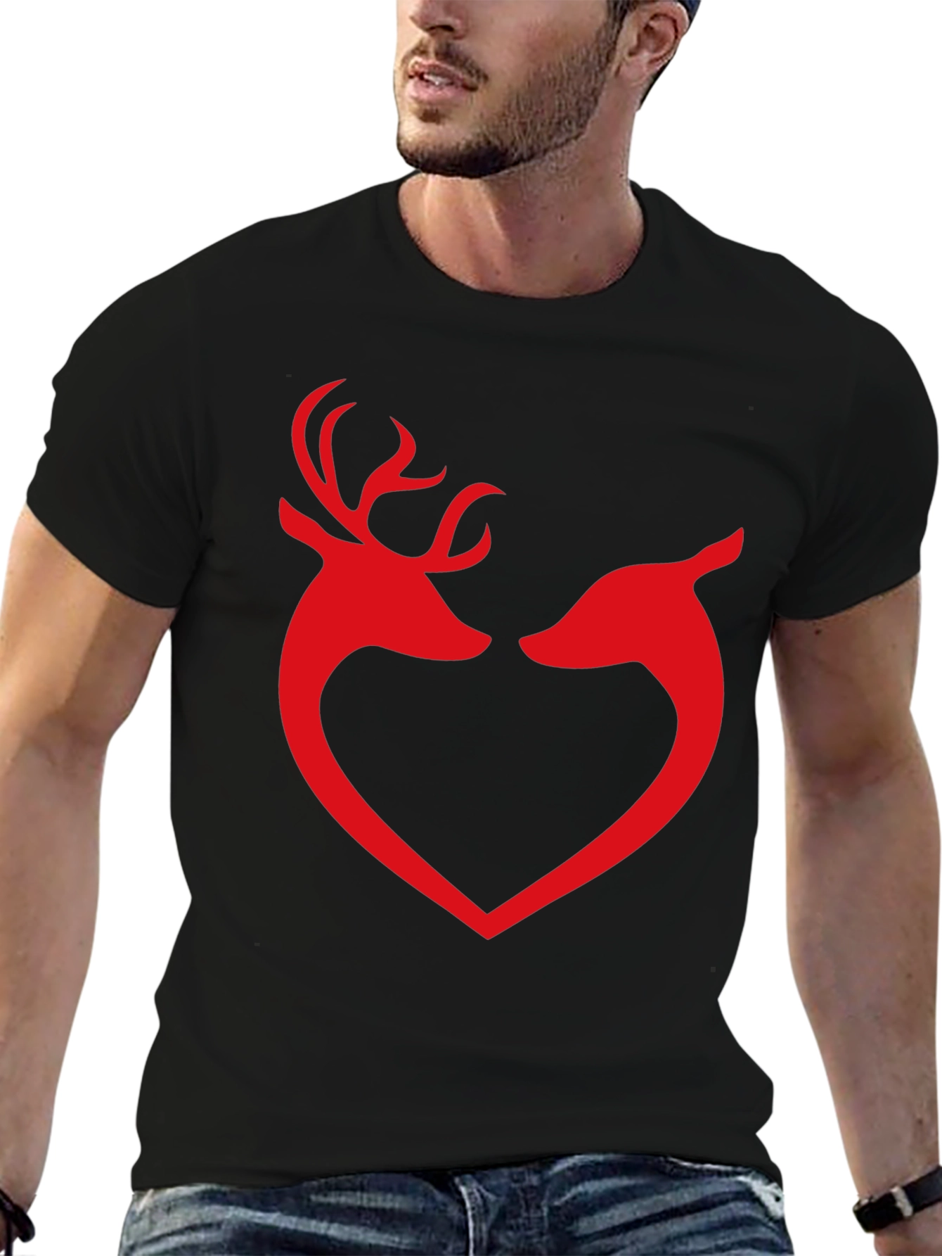 Deer Love Heart Graphic Tee - Black Cotton T-Shirt