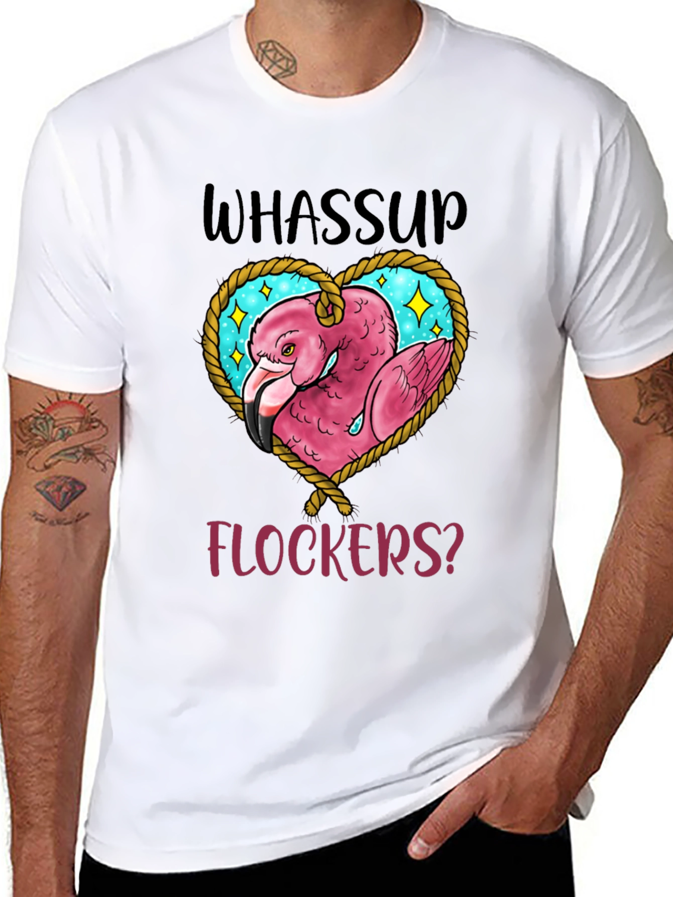 Whassup Flockers T-Shirt Flamingo Heart Design