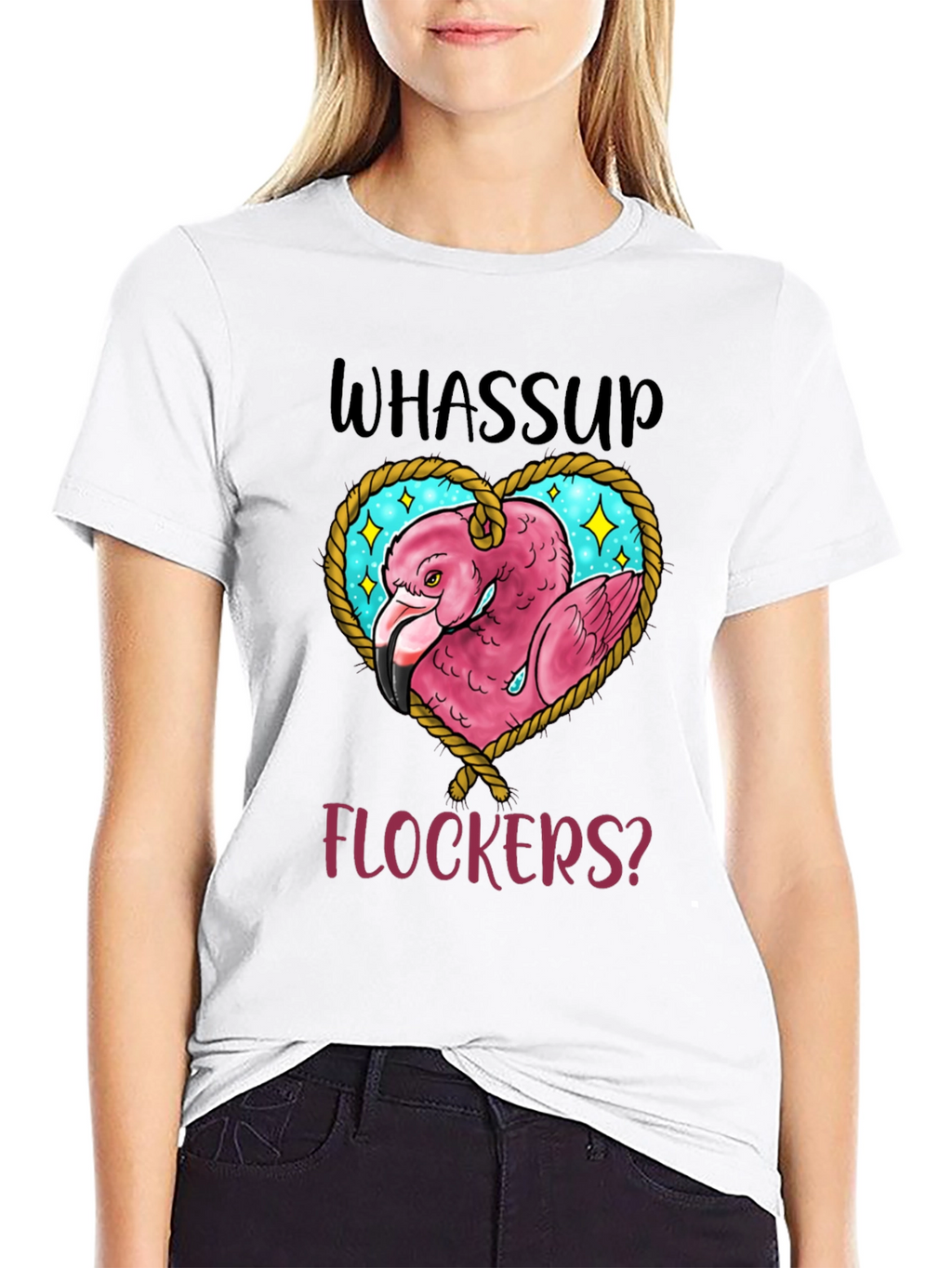 Whassup Flockers T-Shirt Flamingo Heart Design