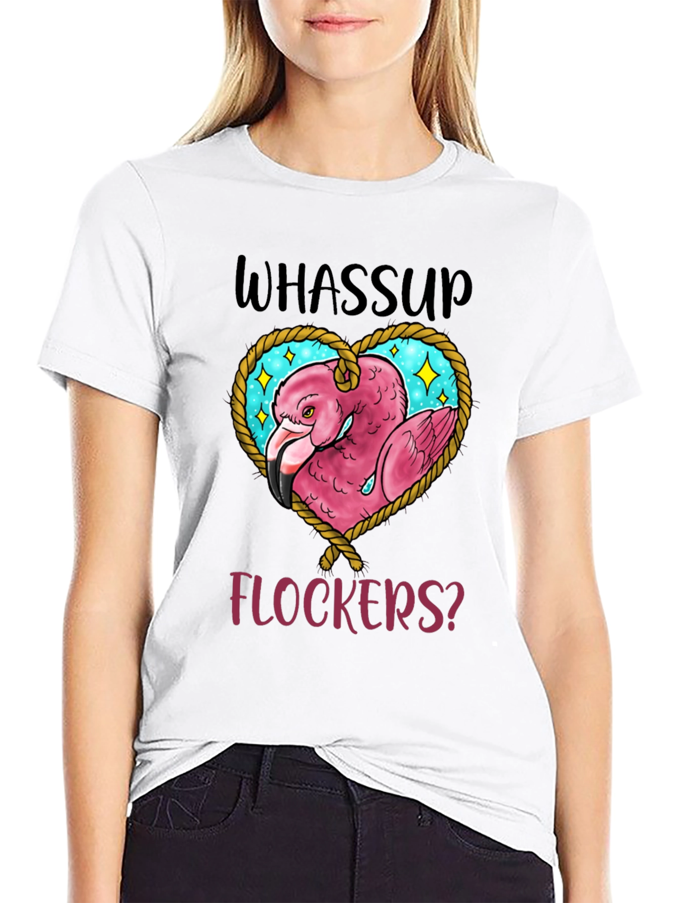 Whassup Flockers T-Shirt Flamingo Heart Design