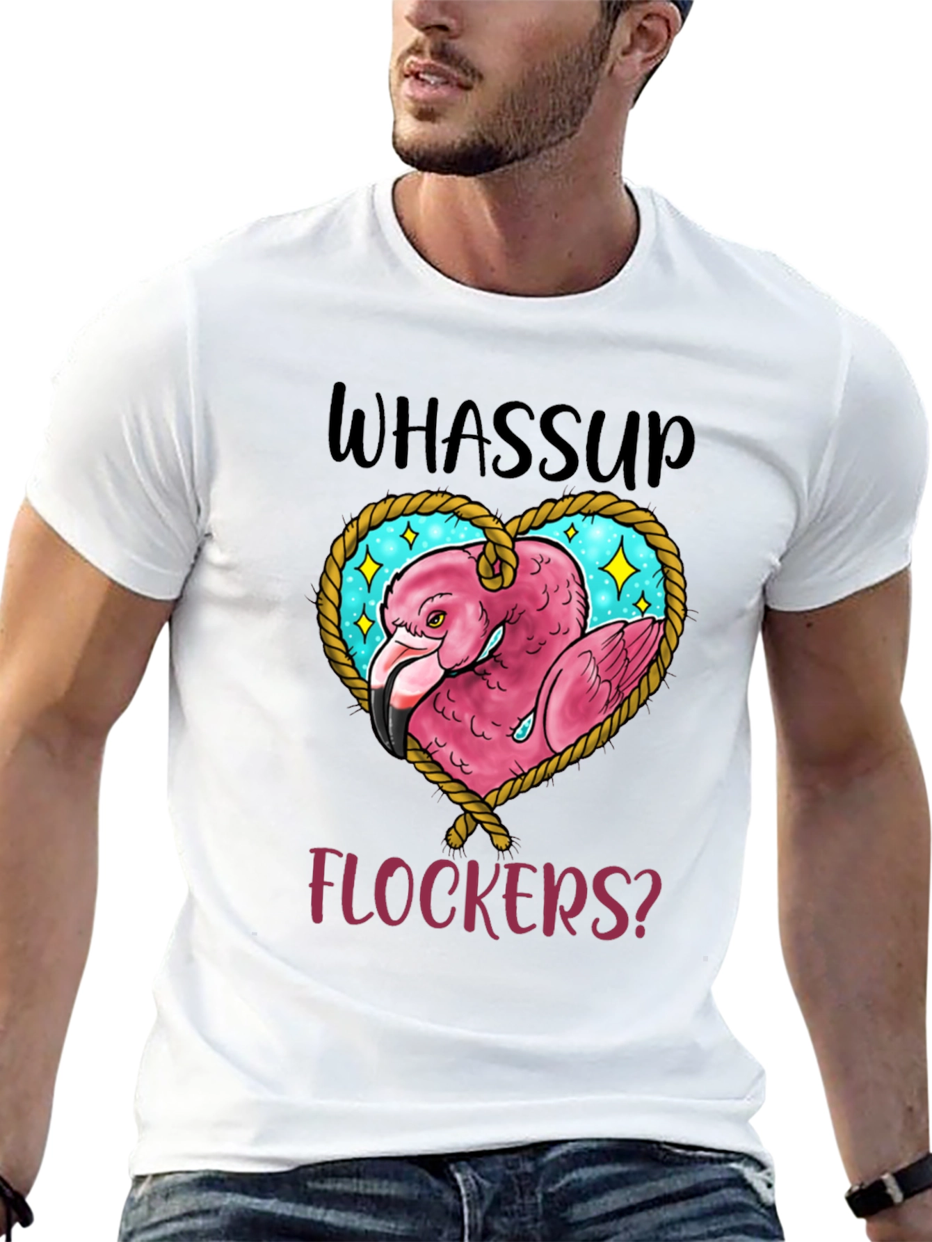 Whassup Flockers T-Shirt Flamingo Heart Design