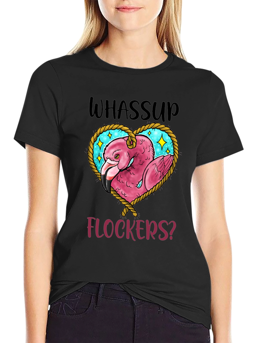 Whassup Flockers T-Shirt Flamingo Heart Design