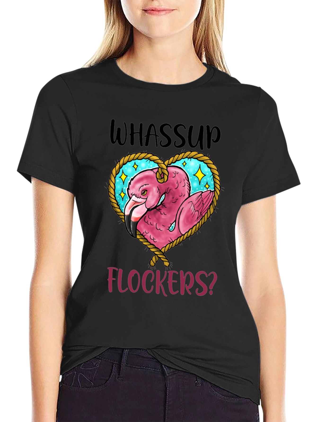 Whassup Flockers T-Shirt Flamingo Heart Design