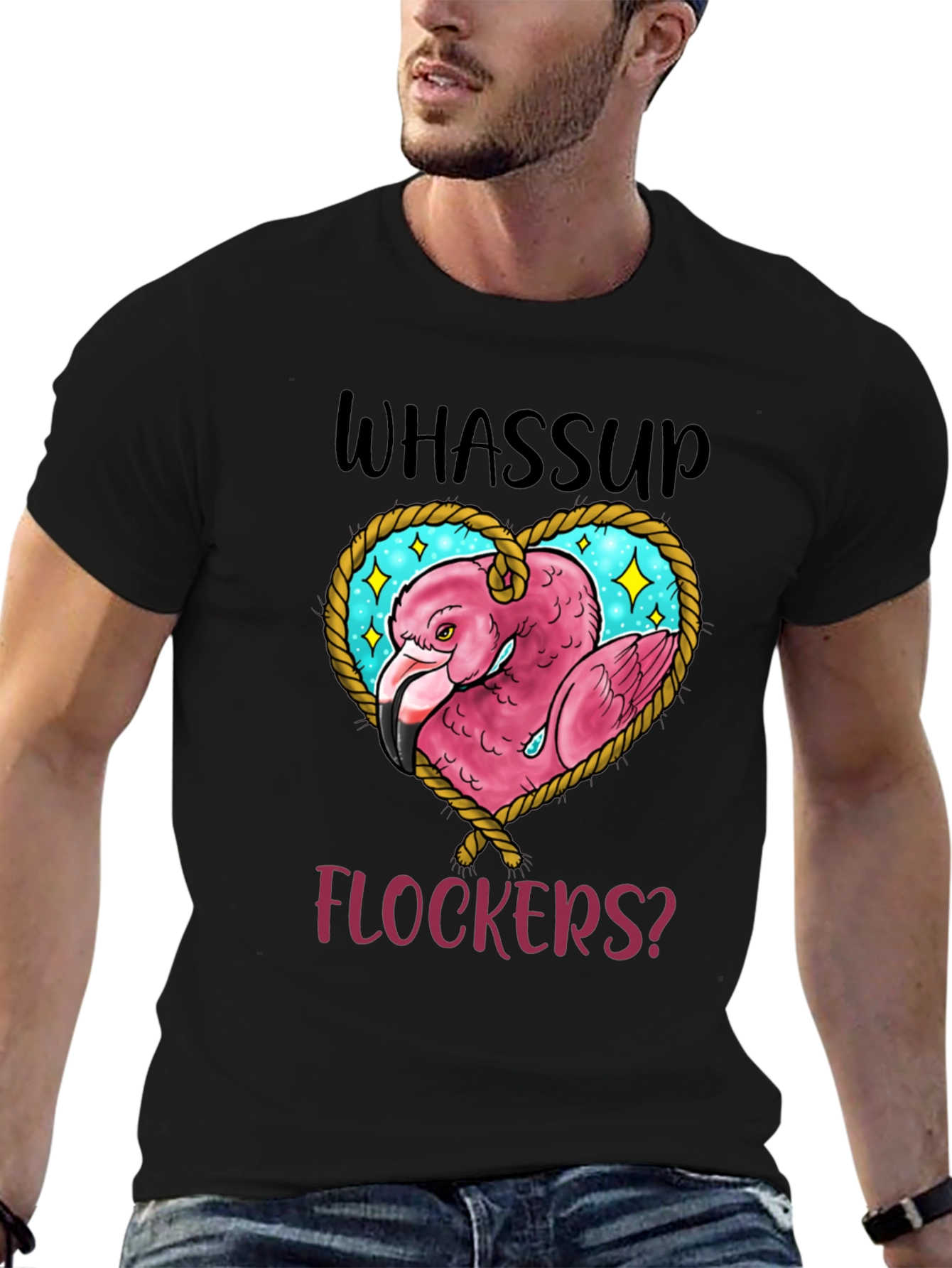 Whassup Flockers T-Shirt Flamingo Heart Design