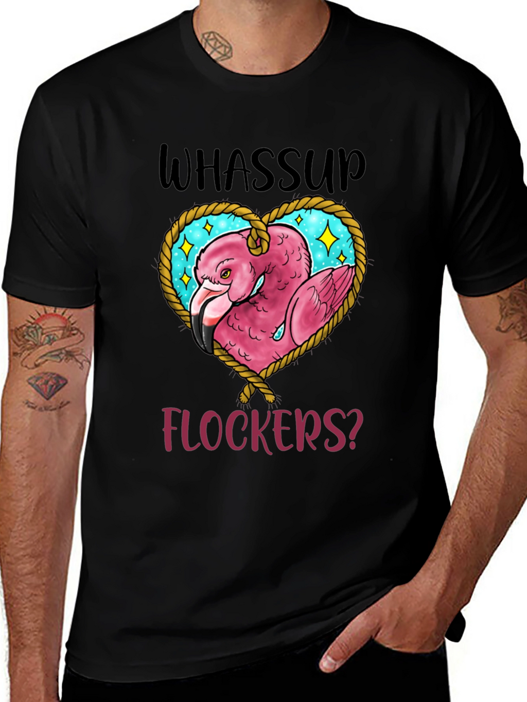 Whassup Flockers T-Shirt Flamingo Heart Design