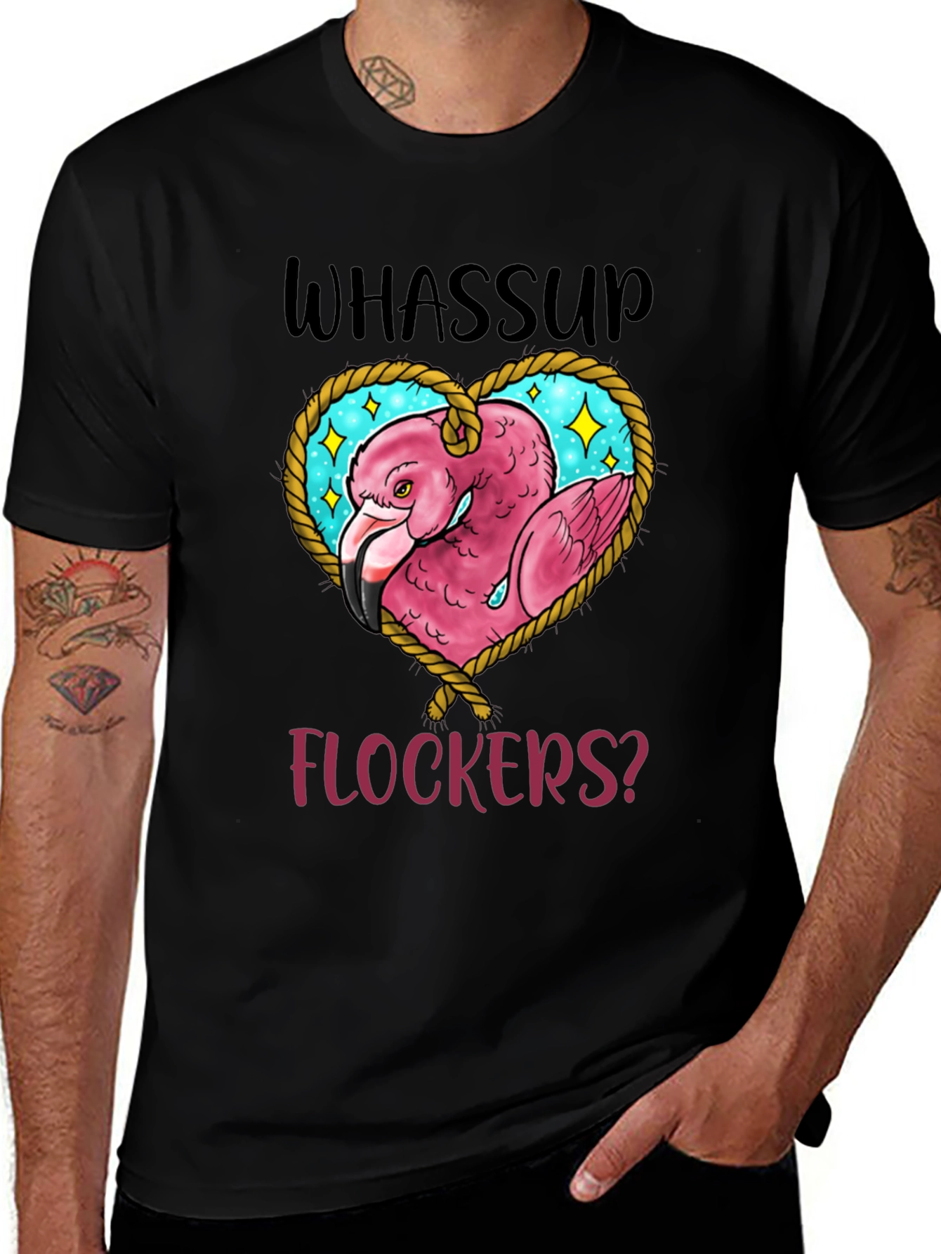 Whassup Flockers T-Shirt Flamingo Heart Design