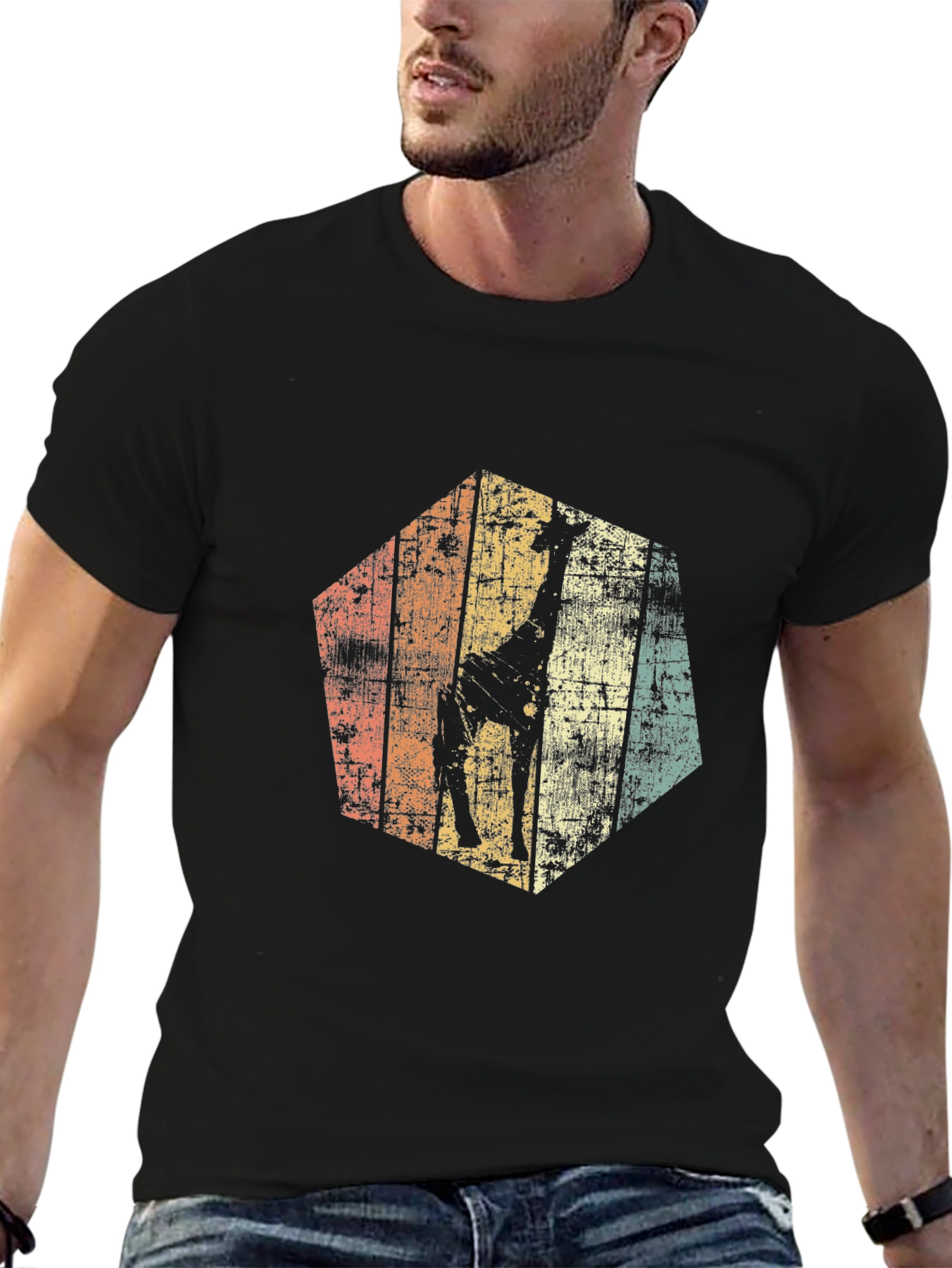 Retro Giraffe Graphic Tee - Mens Black T-Shirt