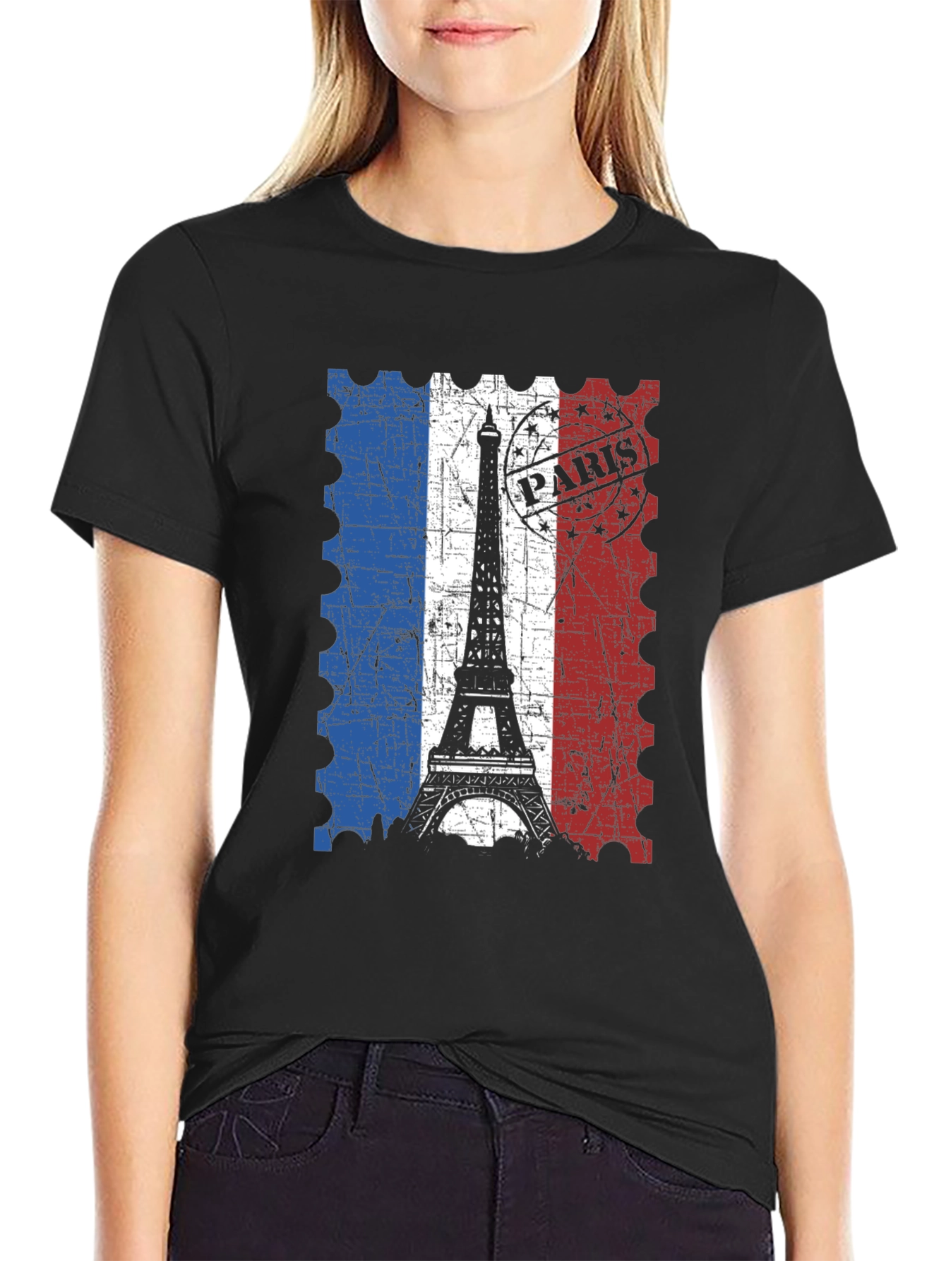 Paris Eiffel Tower Stamp Black T-Shirt