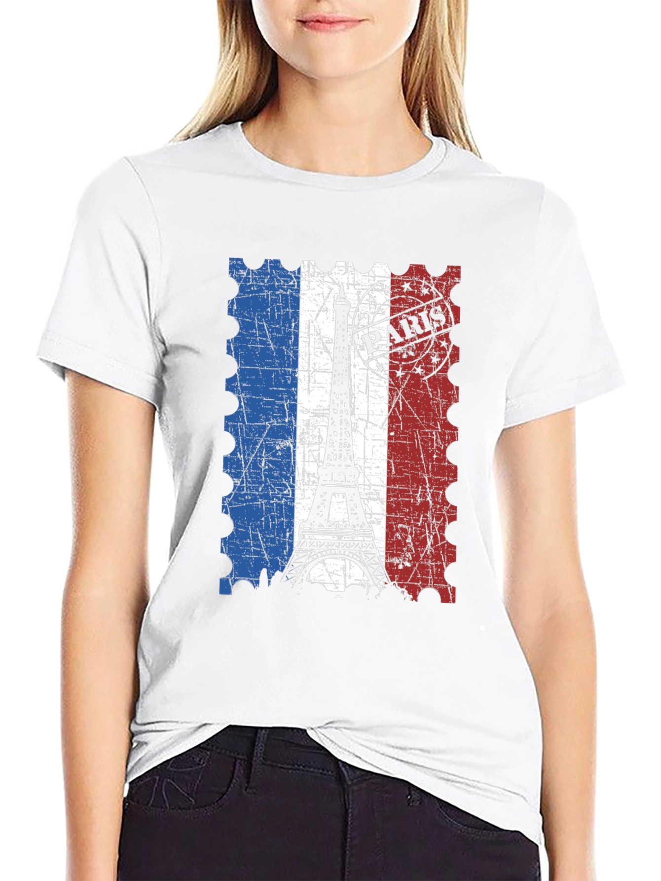 Paris Eiffel Tower Stamp Black T-Shirt
