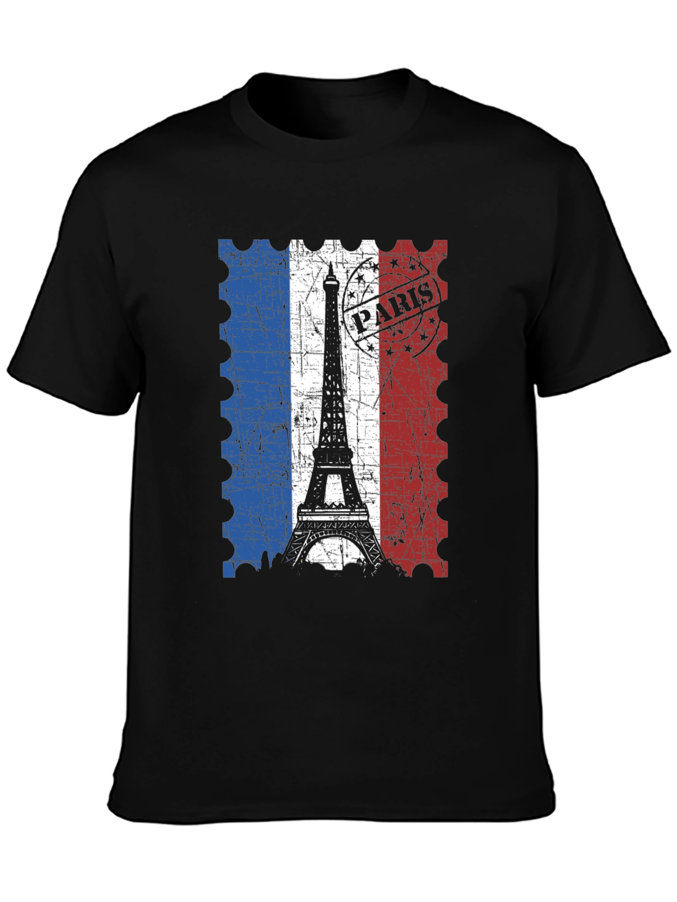 Paris Eiffel Tower Stamp Black T-Shirt