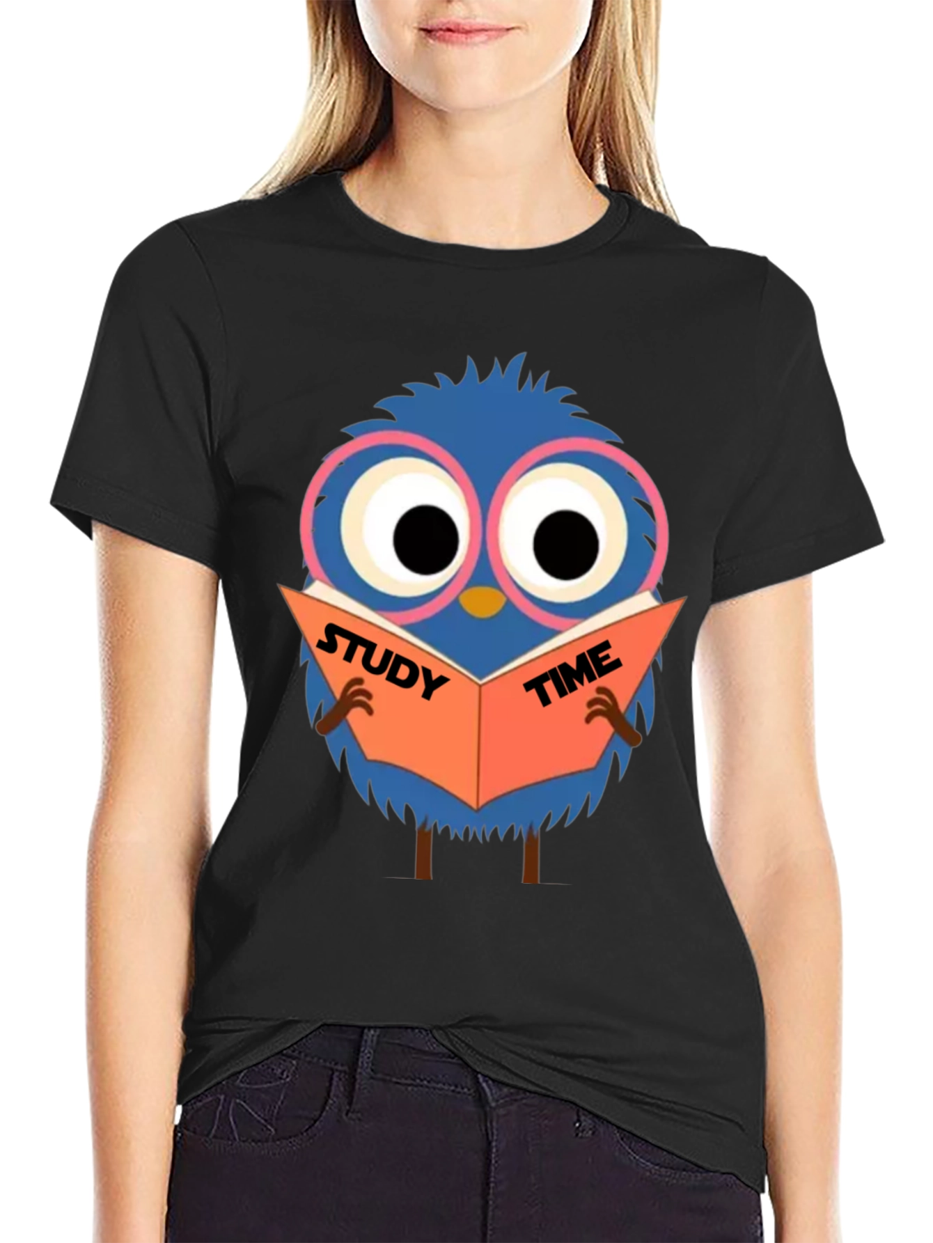 Study Time Bird Graphic Tee - Black Cotton Shirt