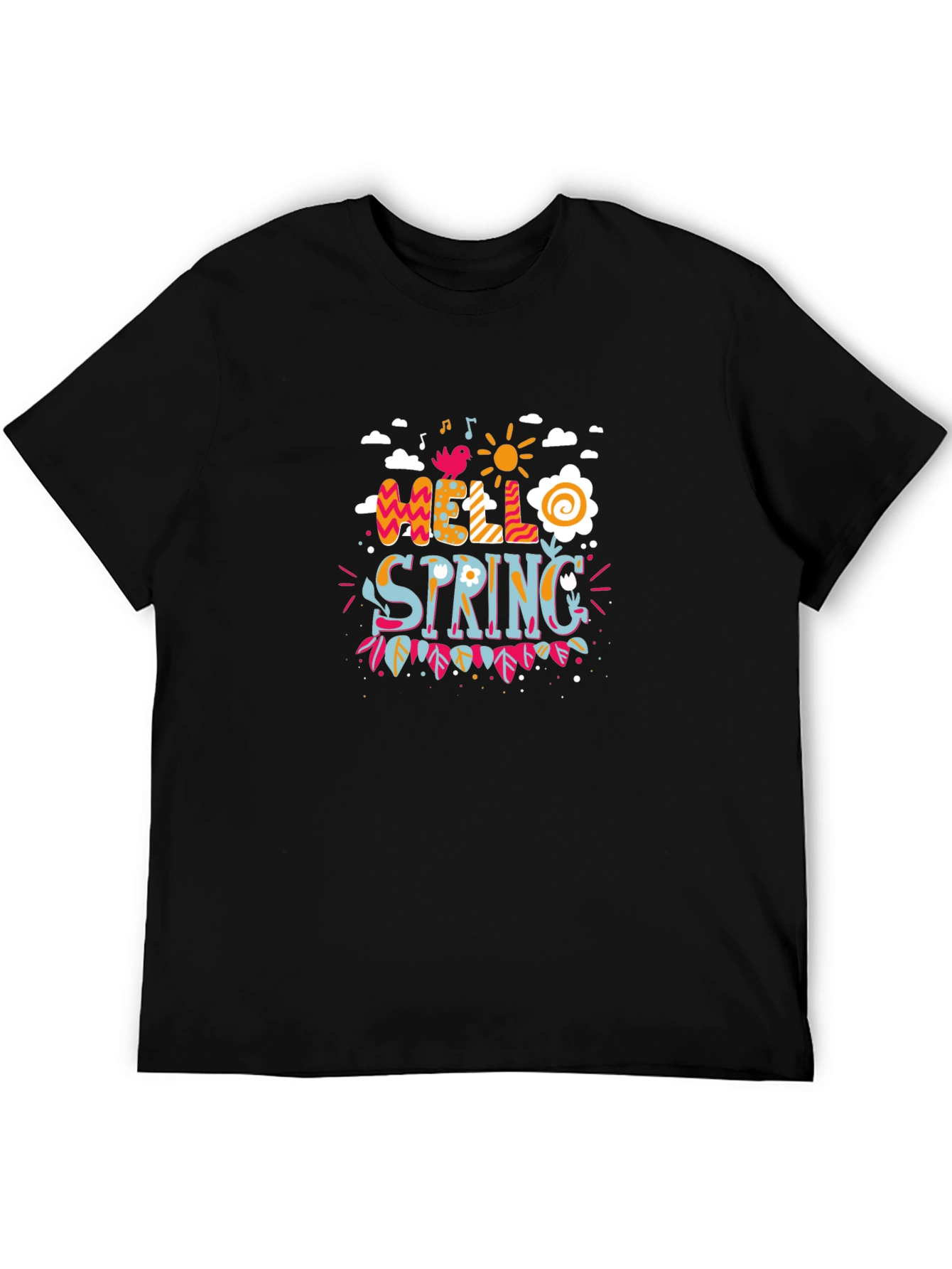 Hello Spring Graphic Print Black T-Shirt