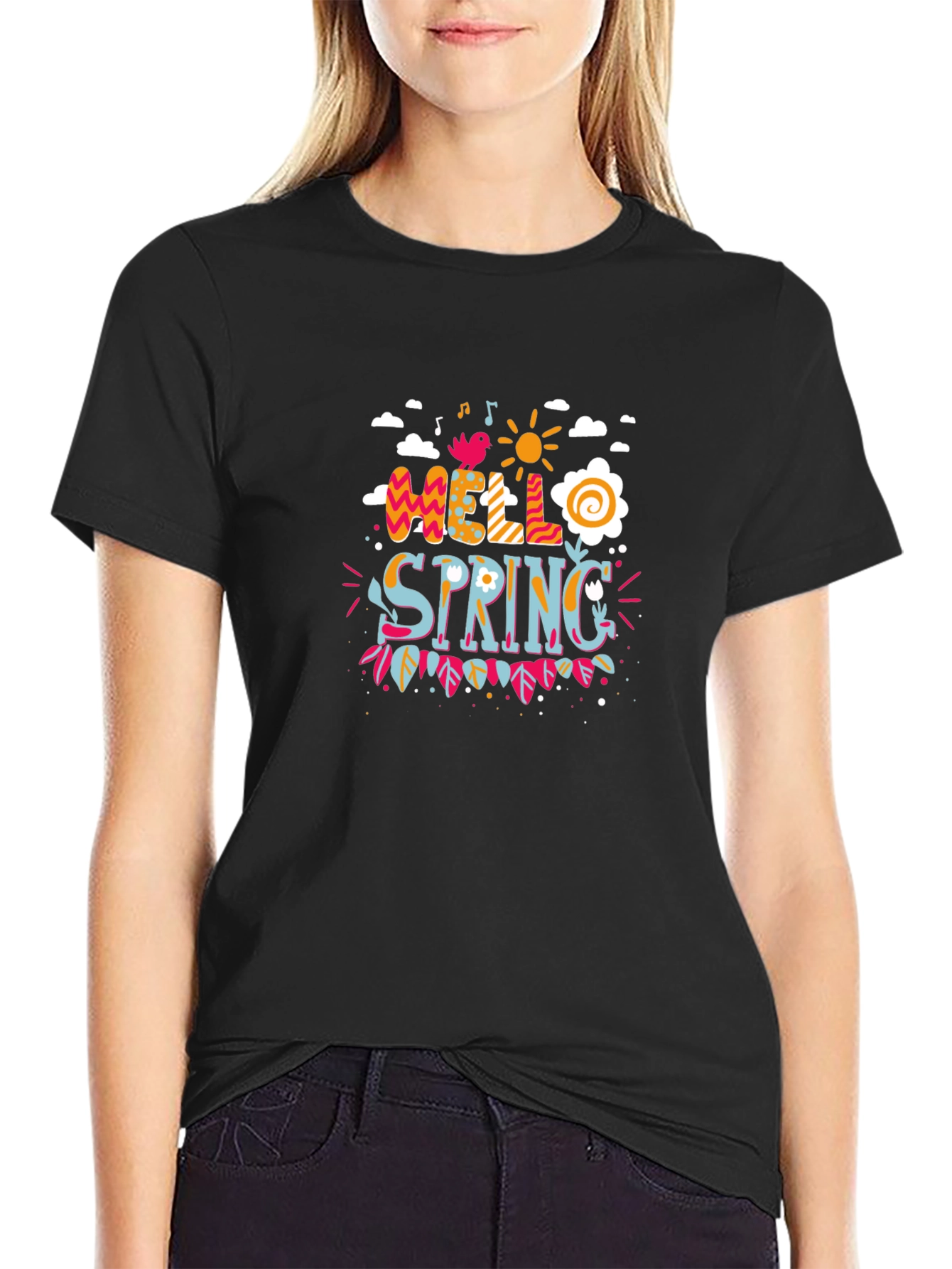 Hello Spring Graphic Print Black T-Shirt