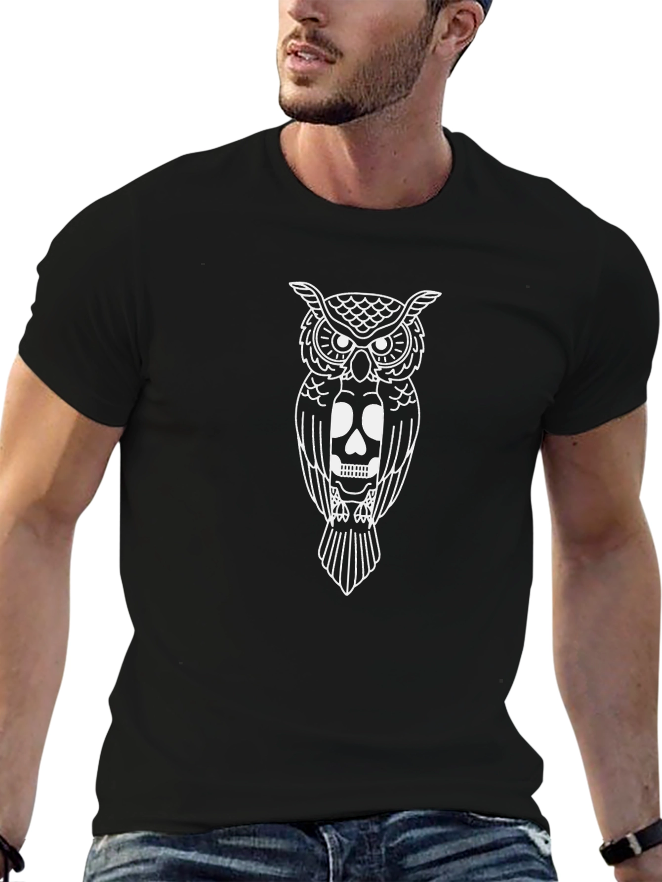 Owl and Skull Graphic Black T-Shirt
