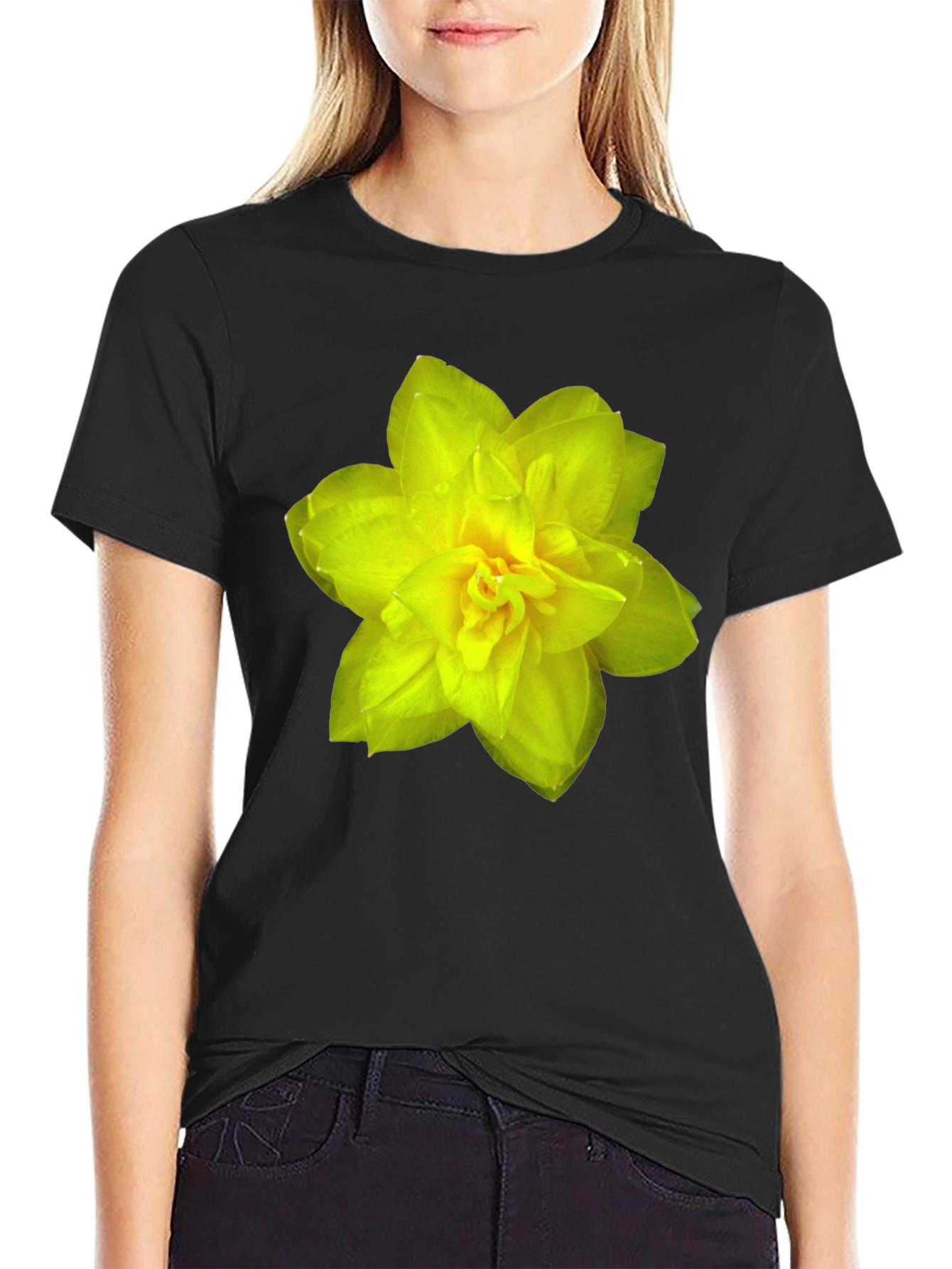 Floral Graphic Tee - Black T-Shirt with Yellow Flower Print