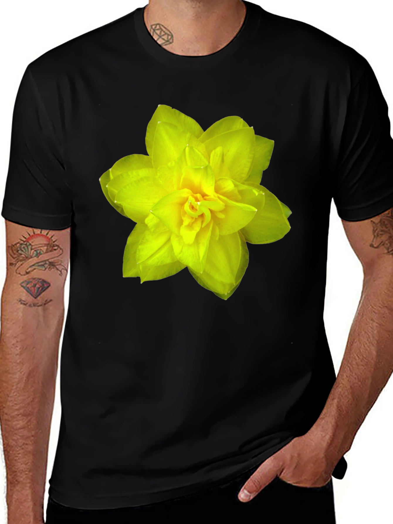 Floral Graphic Tee - Black T-Shirt with Yellow Flower Print