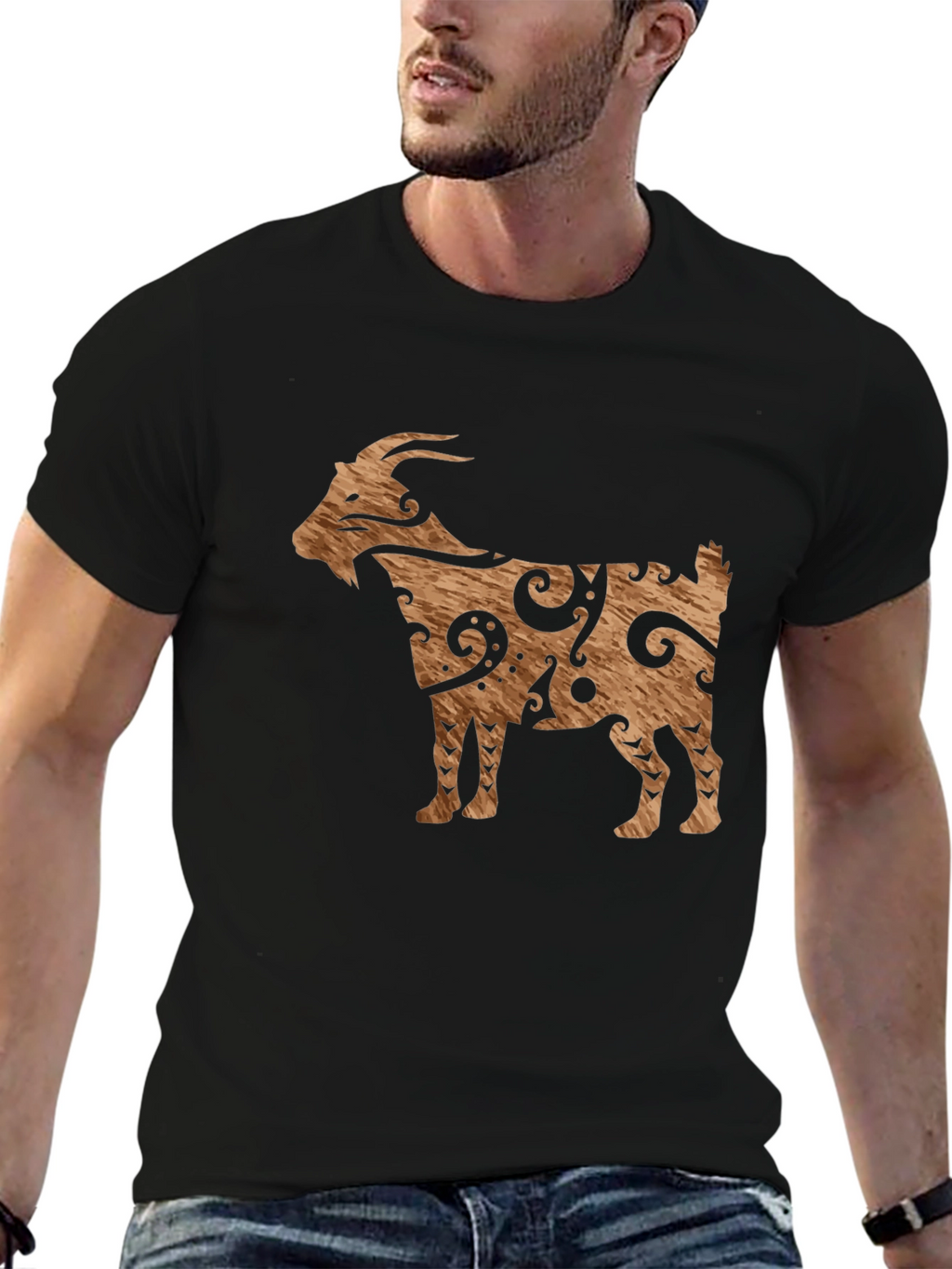 Tribal Goat Graphic Tee - Black Cotton Casual