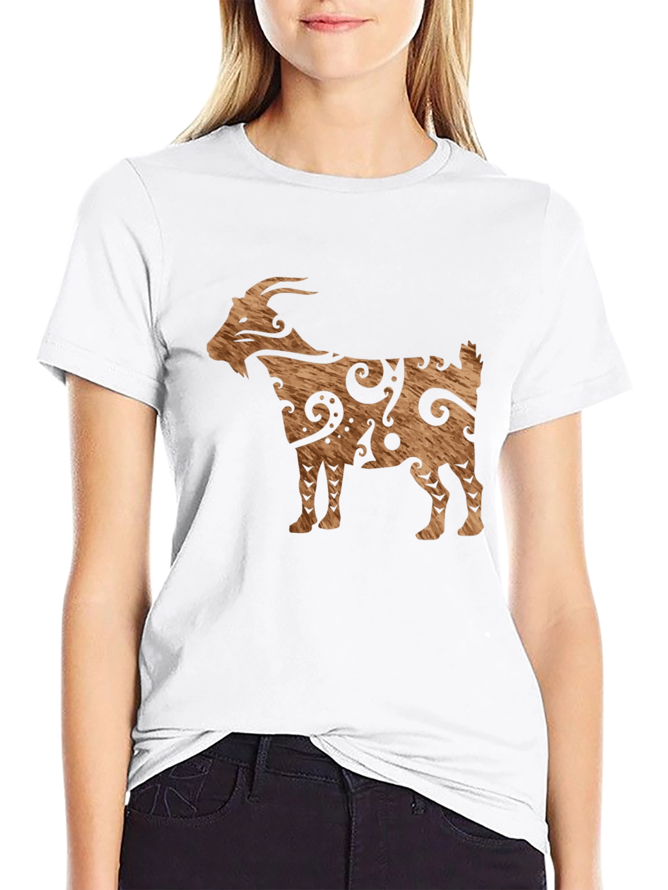 Tribal Goat Graphic Tee - Black Cotton Casual