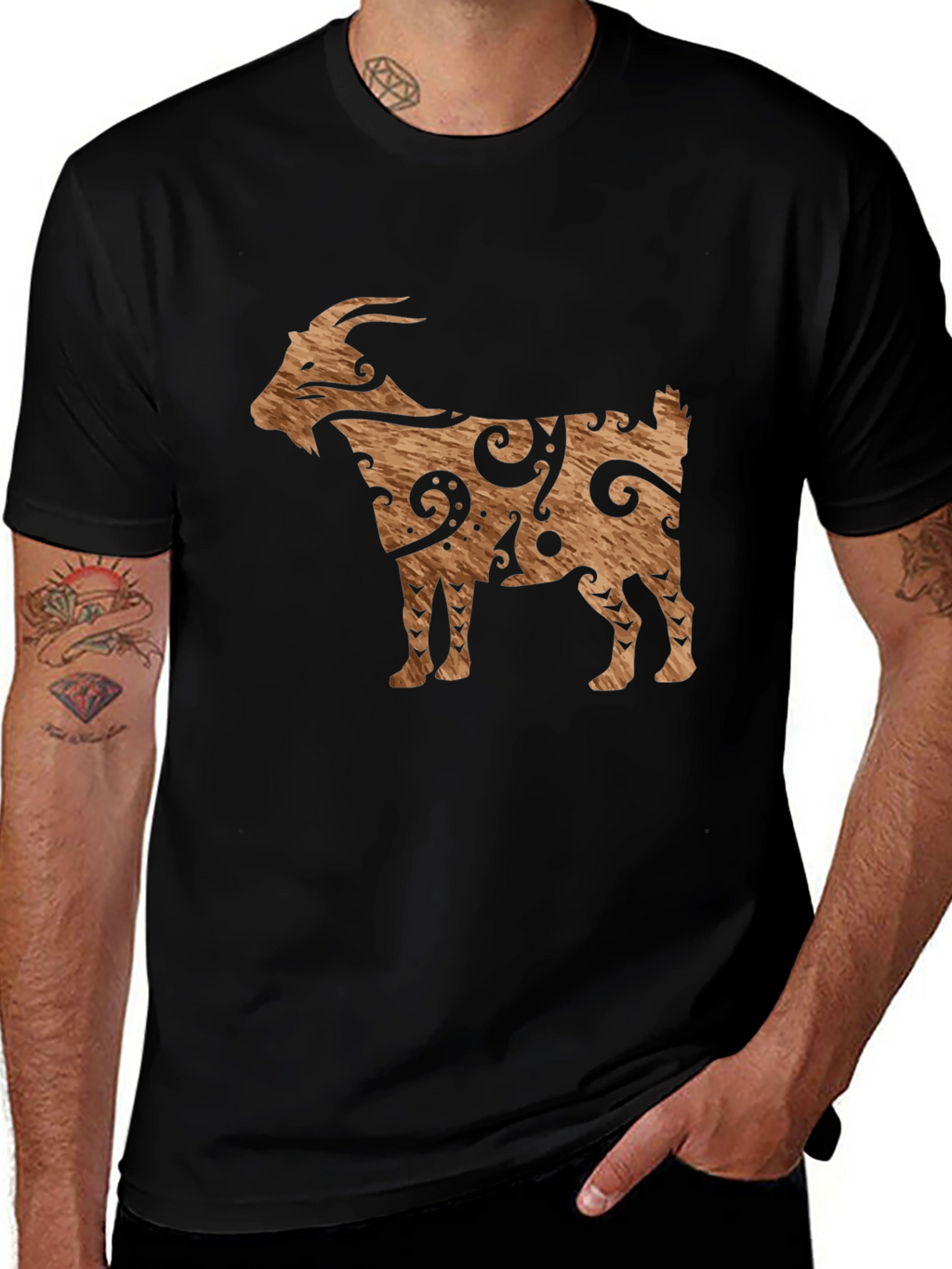 Tribal Goat Graphic Tee - Black Cotton Casual