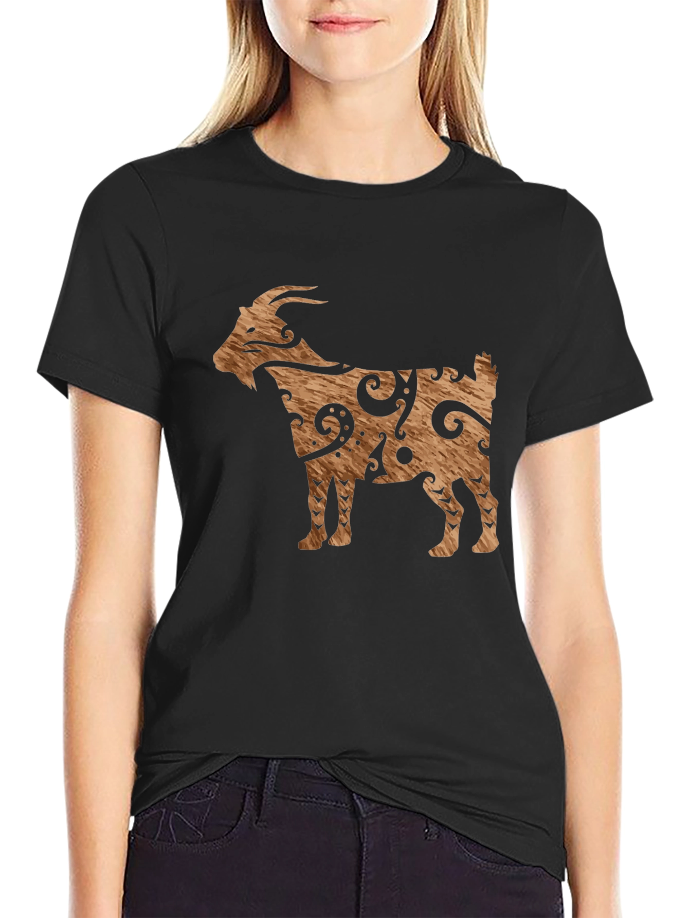 Tribal Goat Graphic Tee - Black Cotton Casual