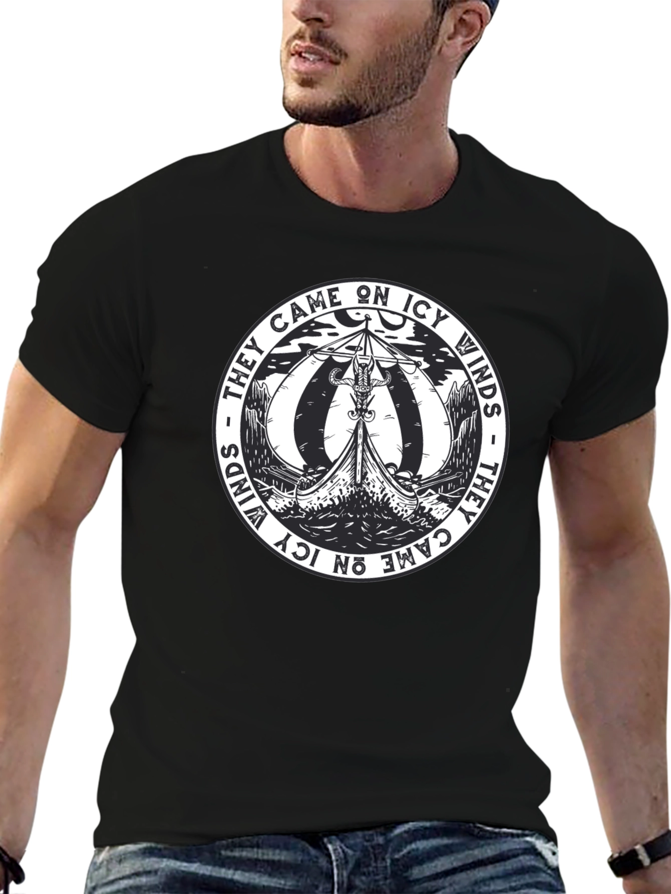 Viking Ship Black T-Shirt - They Came on Icy Winds