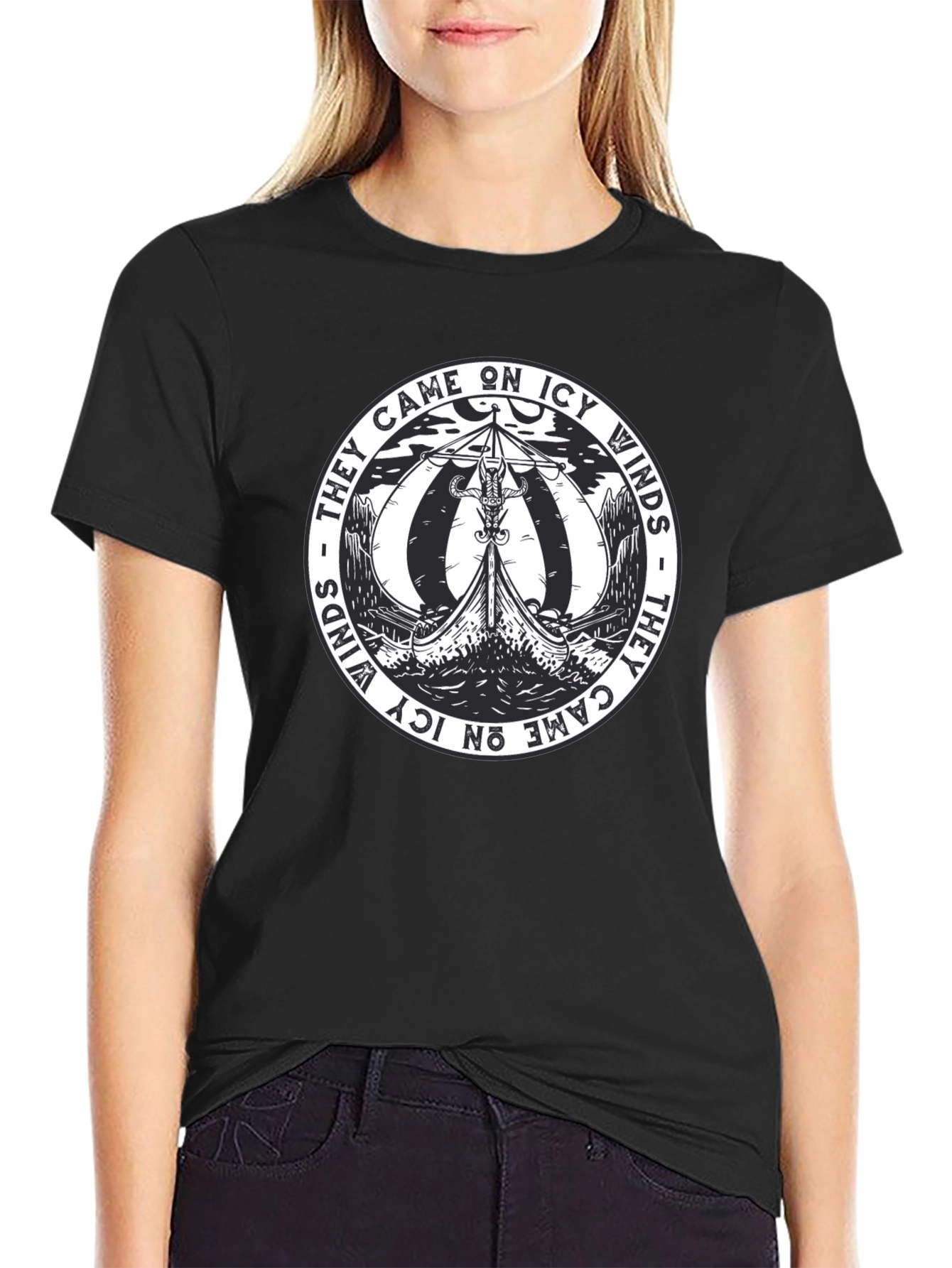 Viking Ship Black T-Shirt - They Came on Icy Winds