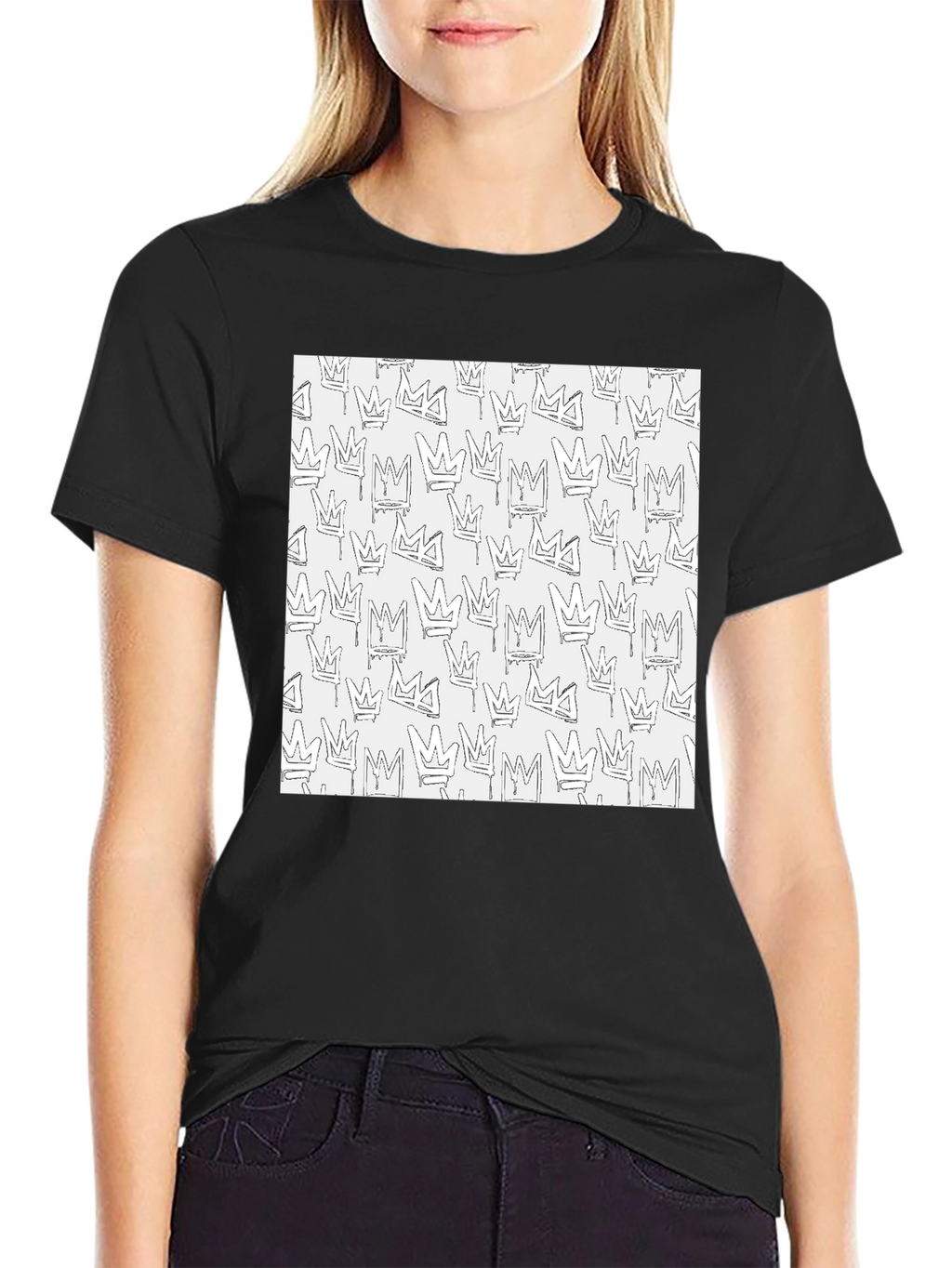 Crown Print Black Crew Neck T-Shirt