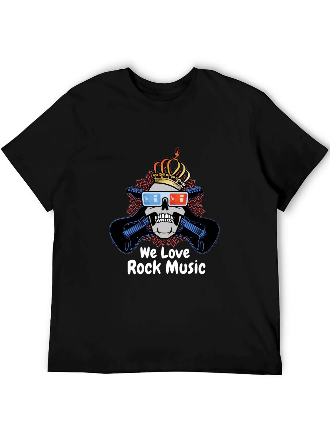 We Love Rock Music Tee - Skull with Crown & Guitars Black T-Shirt