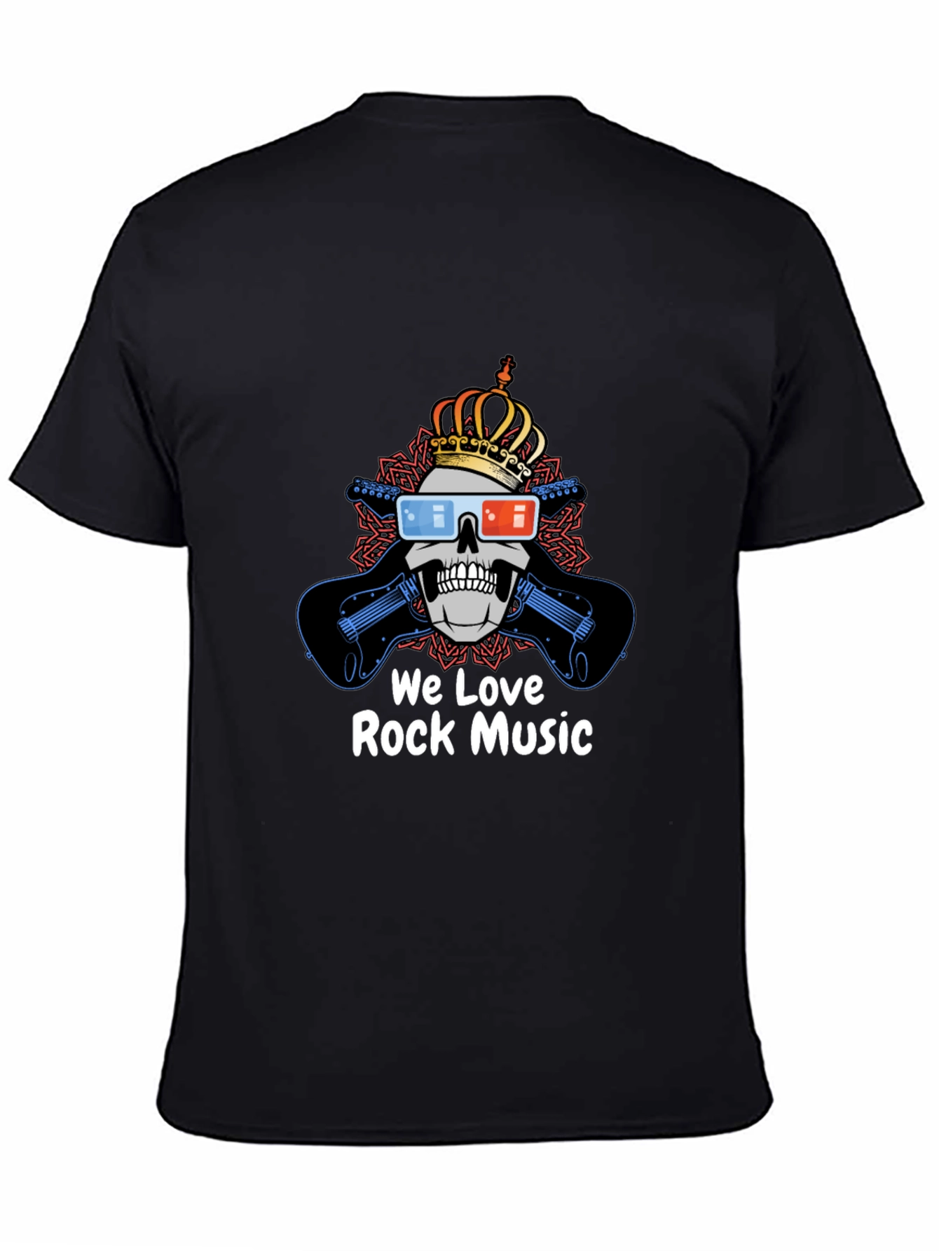 We Love Rock Music Tee - Skull with Crown & Guitars Black T-Shirt